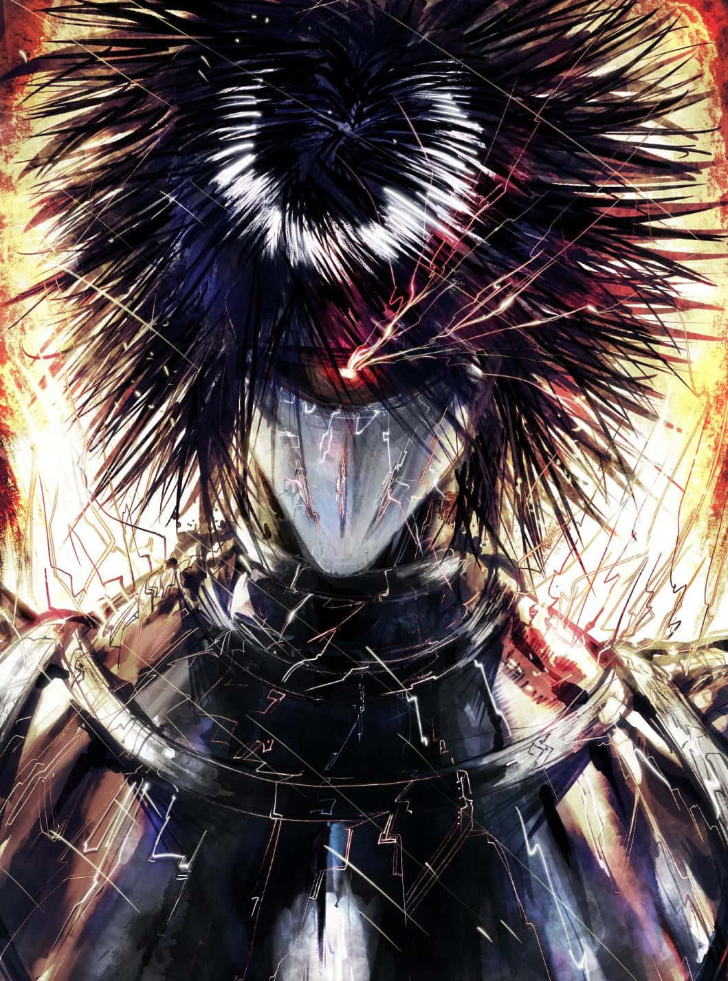 Drive Knight 桌布 壁紙 — 一個兇猛的動漫戰士，有著尖刺的黑髮和發光的紅眼睛，在火紅的橙色背景下強烈地凝視著。