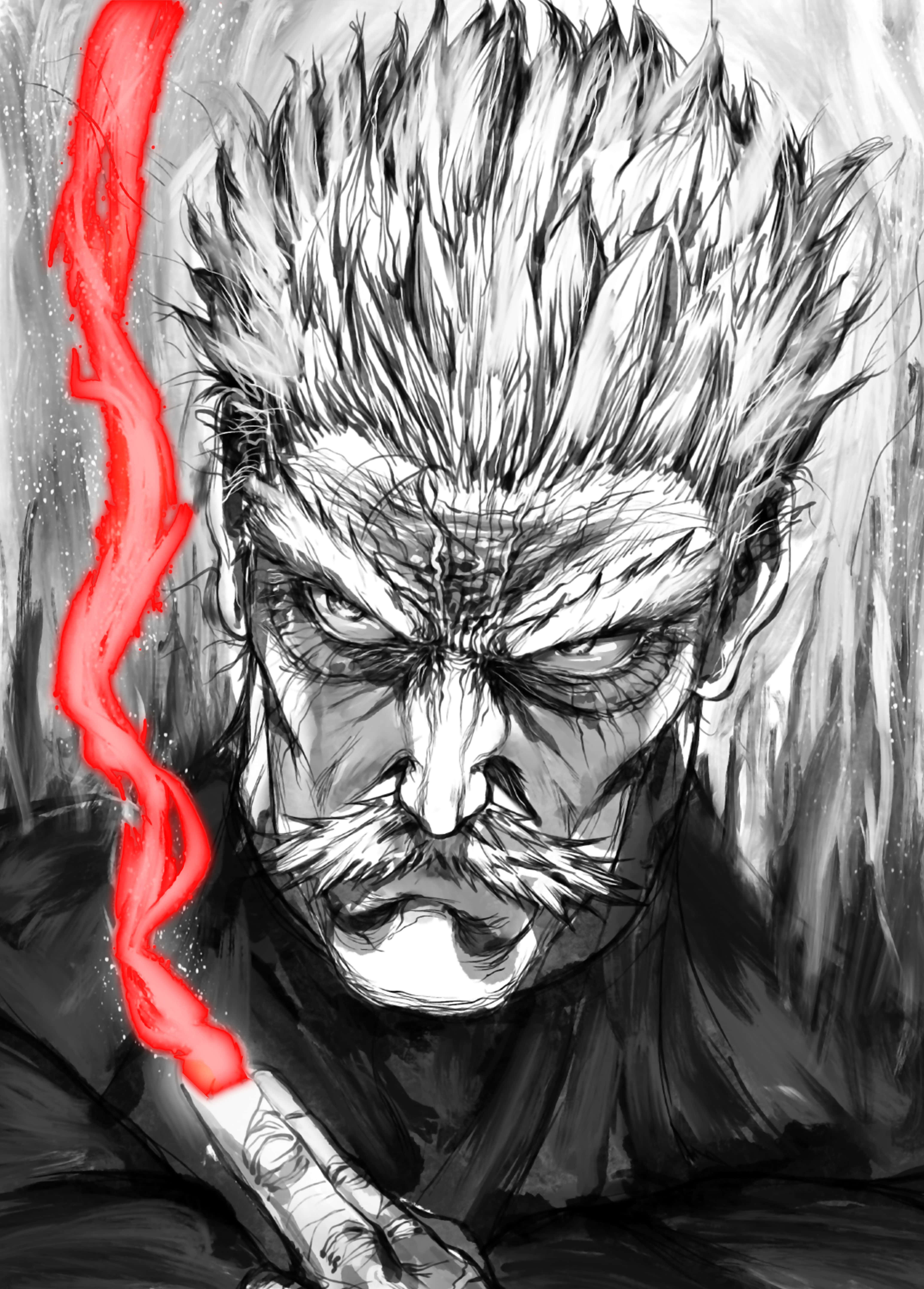 Silverfang 桌布 壁紙 — 一個兇猛的動漫戰士，有著尖刺頭髮和一道紅色能量閃電劃過他的臉龐，呈現於戲劇性的黑白插圖中。