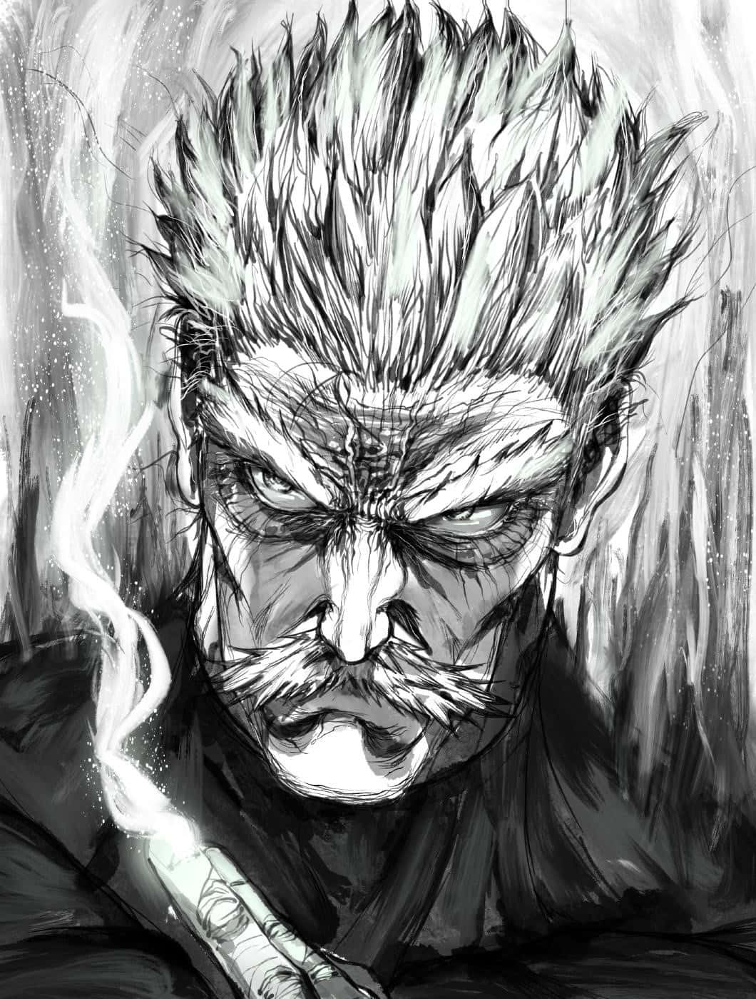 One Punch Man Bang 桌布 壁紙 — 一個兇猛的動漫戰士，有著尖刺頭髮和嚴厲的目光，在粗糙的單色素描中抽煙。