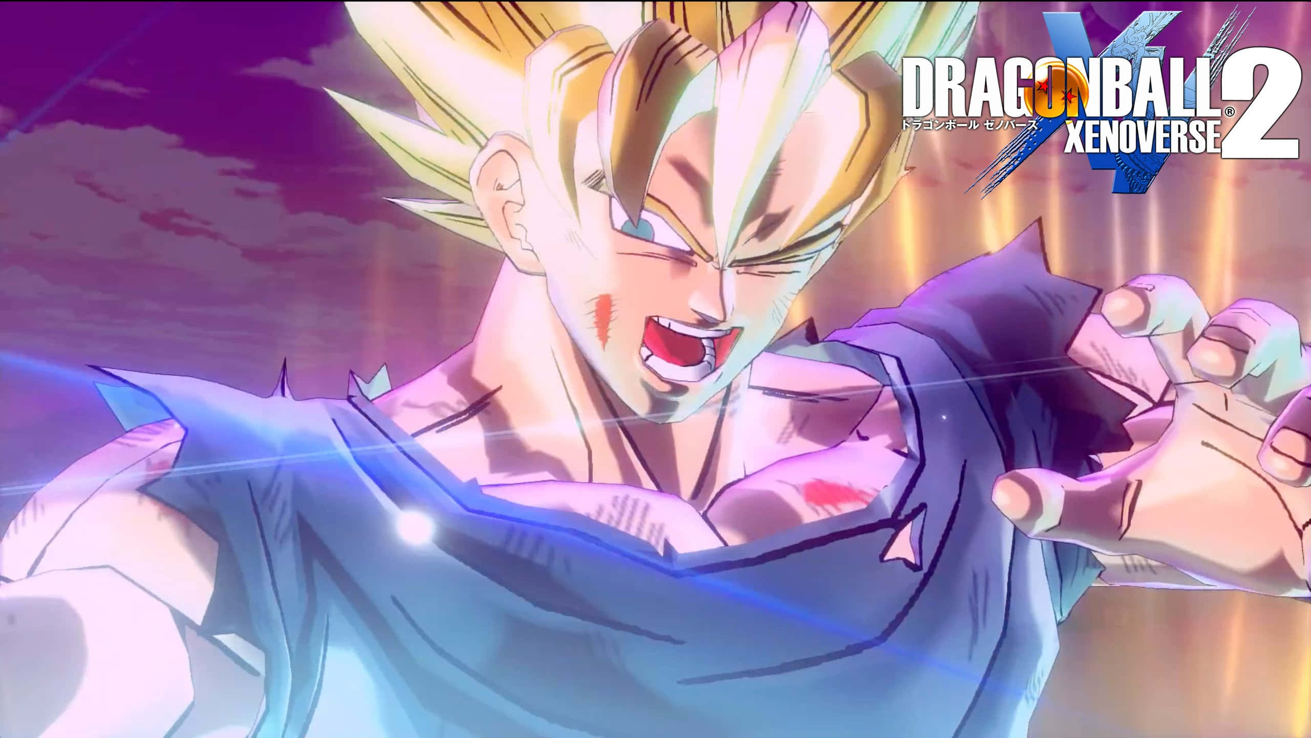 Dragon Ball Xenoverse 2 桌布 壁紙 — 一個兇猛的動漫戰士，金色尖刺頭髮，在紫色天空下咆哮，同時緊握的拳頭散發出藍色發光能量。