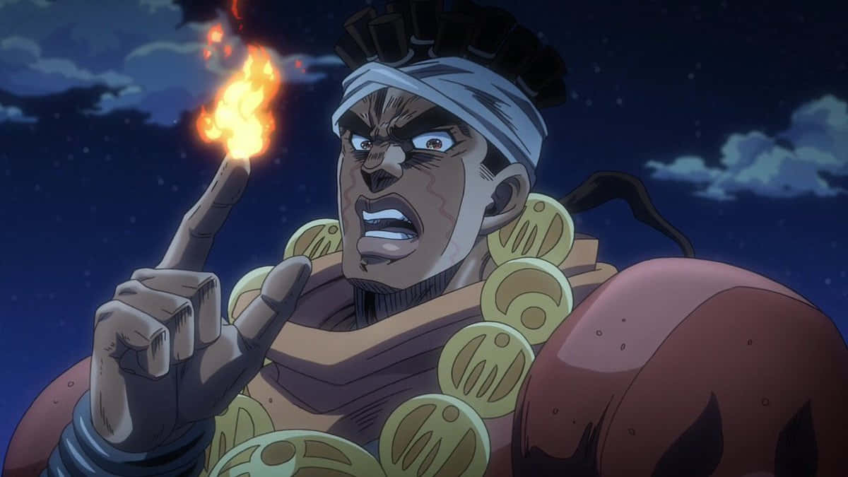 Muhammad Avdol 桌布 壁紙 — 一個兇猛的動漫戰士，頭上纏著繃帶，戴著金獎章項鍊，對著繁星點點的夜空伸出燃燒的手指。