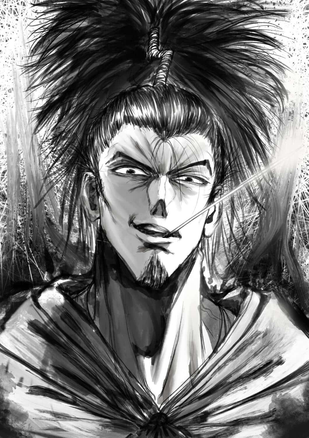 Atomic Samurai 桌布 壁紙 — 一個兇猛的動漫戰士，頭髮狂野，嘴裡叼著劍，在粗糙的黑白素描中凝視著。