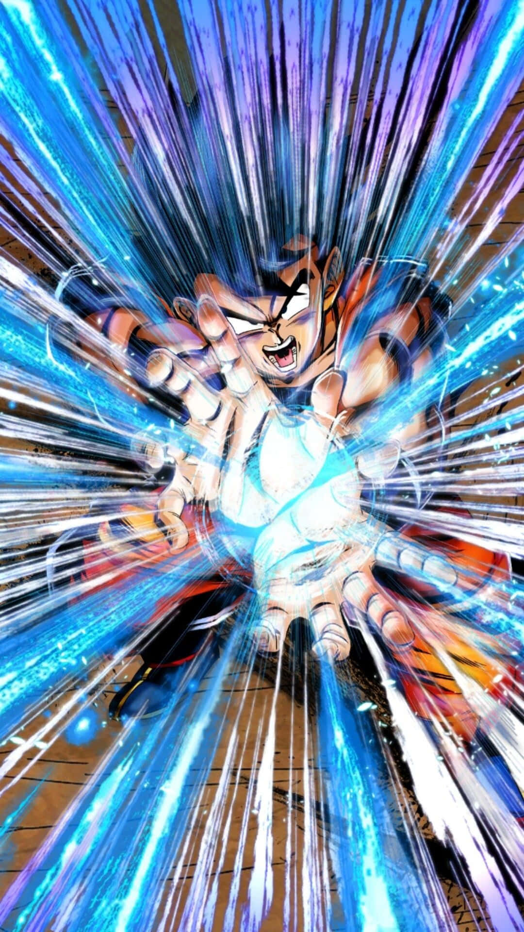 Energy Blast 桌布 壁紙 — 一個兇猛的動漫戰士在木地板背景上，以動態的運動線條爆發引導藍色能量。