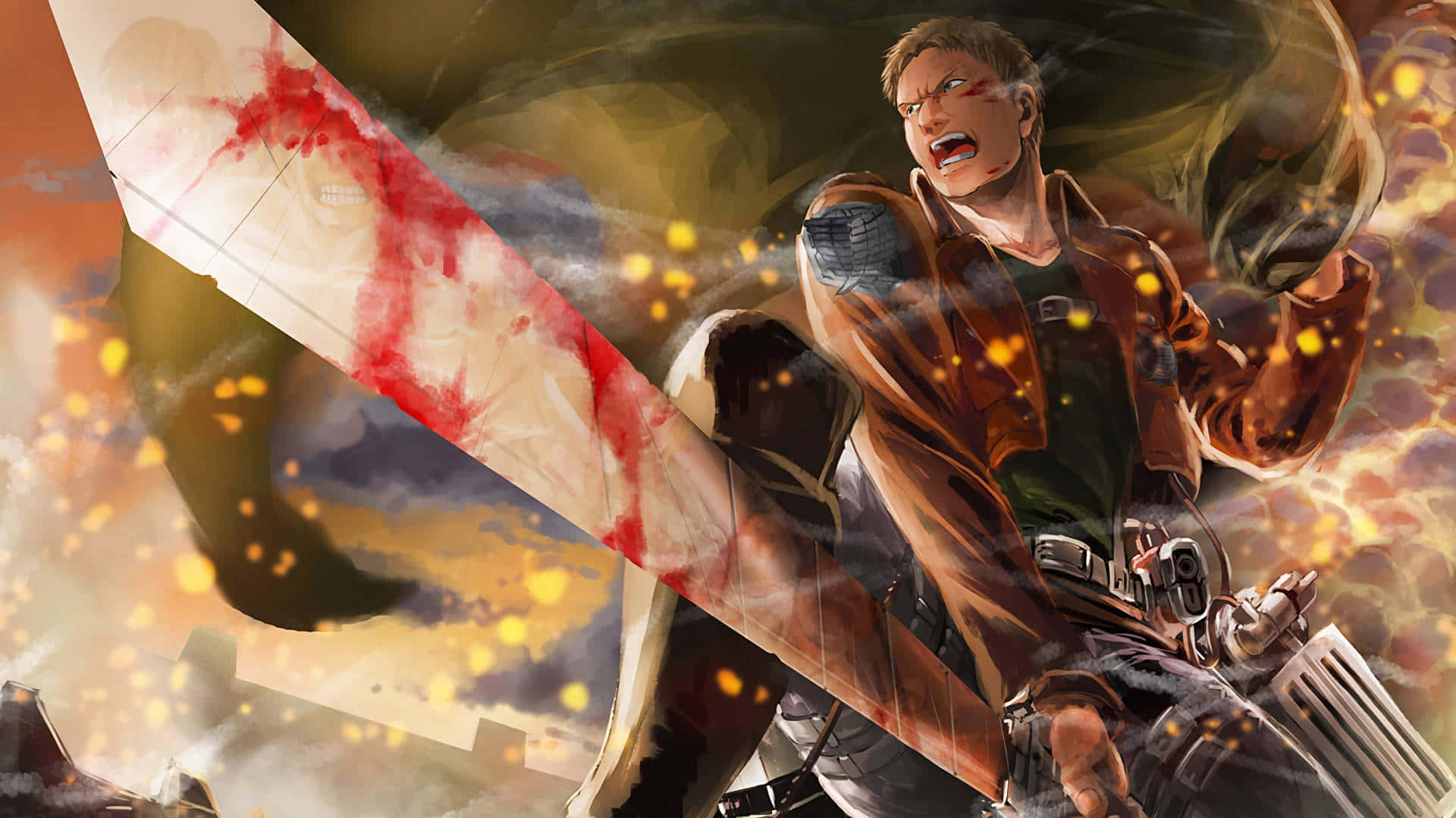 Attack On Titan Season 3 桌布 壁紙 — 一個兇猛的動漫戰士在與巨型泰坦交劍時尖叫，進行一場熾熱的爆炸性戰鬥。