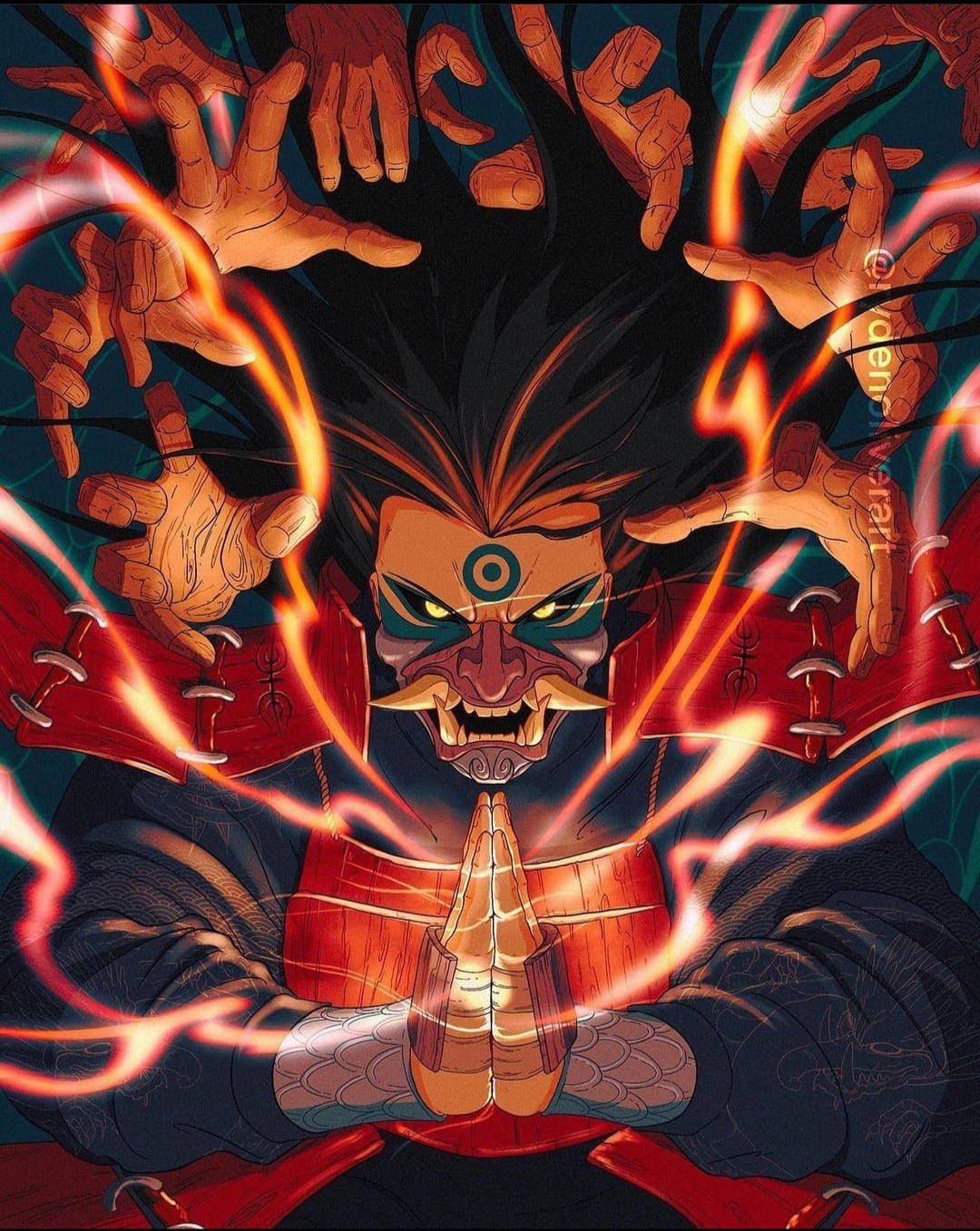 Angry 桌布 壁紙 — 一個兇猛的動漫戰士身穿紅色盔甲，從周圍的黑暗中伸出的雙手引導著發光的橙色能量。