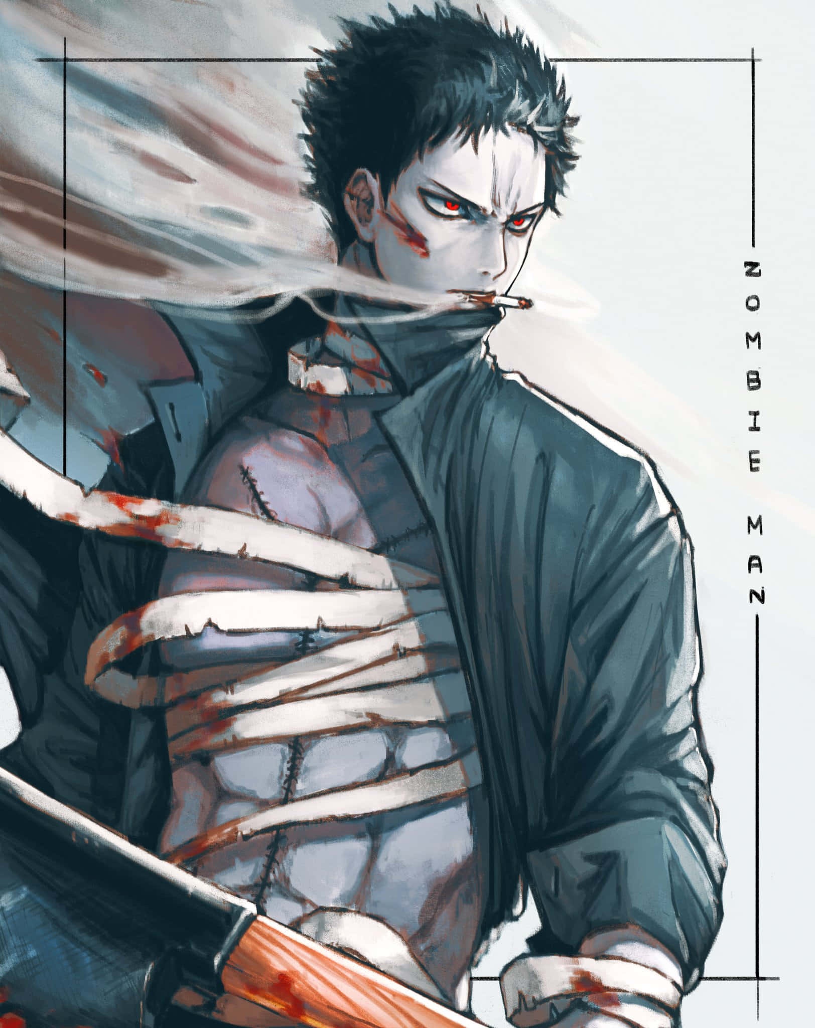 Zombieman 桌布 壁紙 — 一個兇猛的動漫殭屍男人，紅眼睛和血跡斑斑的繃帶，在純白背景上抽煙。