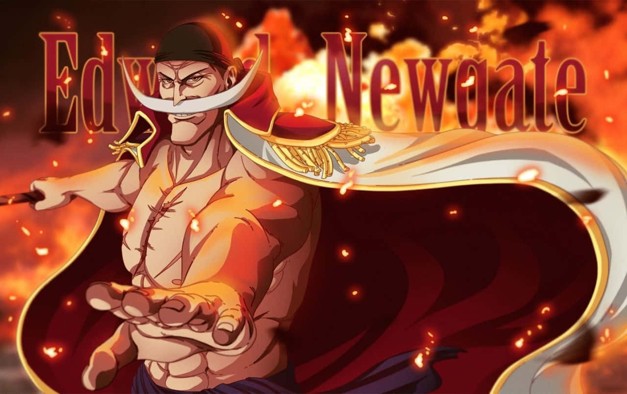 Whitebeard 桌布 壁紙 — 一個兇猛的動漫海盜，留著長長的白鬍子，披著紅色斗篷，站在火花四濺的熾熱橙色背景前。