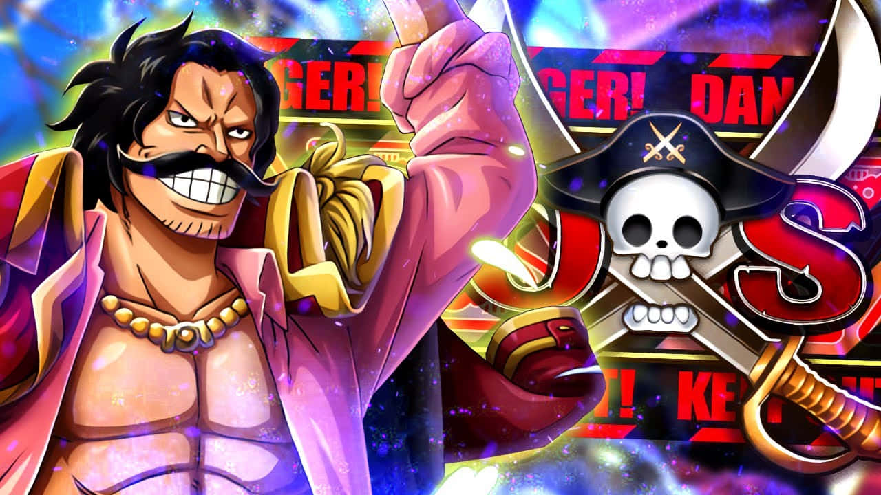 King Of The Pirates 桌布 壁紙 — 一個兇猛的動漫海盜，留著鬍子，穿著粉紅色外套，在發光的宇宙背景下對著骷髏和劍標誌舉起拳頭。
