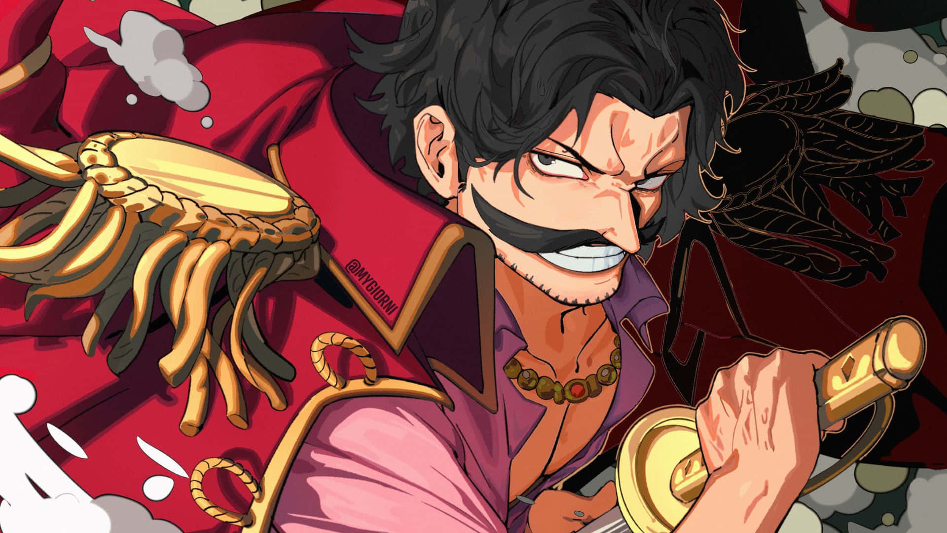 King Of The Pirates 桌布 壁紙 — 一個兇猛的動漫海盜，留著黑色鬍子，身穿紅色外套，在旋轉的煙霧和戰鬥碎片中緊握著一把金色劍。