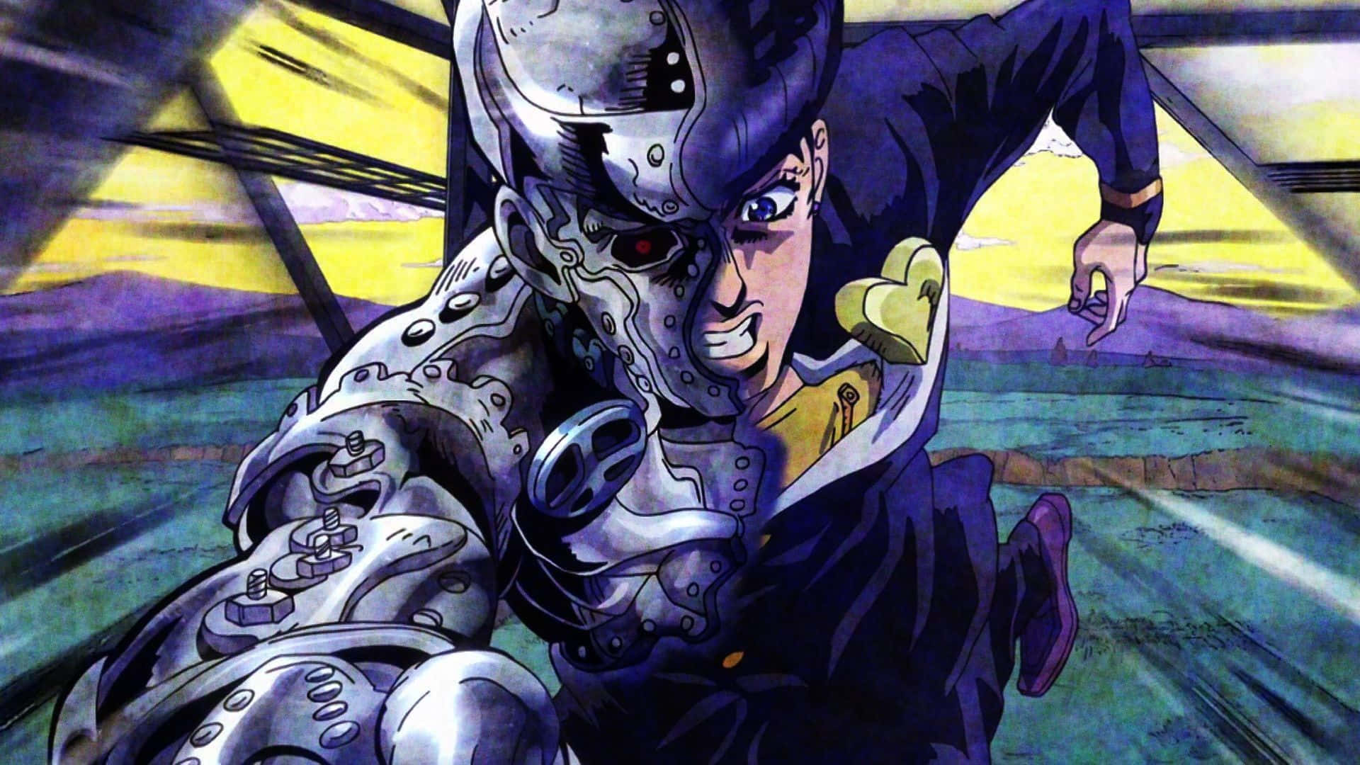 Jjba 桌布 壁紙 — 一個兇猛的動漫角色，戴著金屬骷髏頭盔和機械手臂，在充滿活力的黃色和紫色背景前向前衝刺。