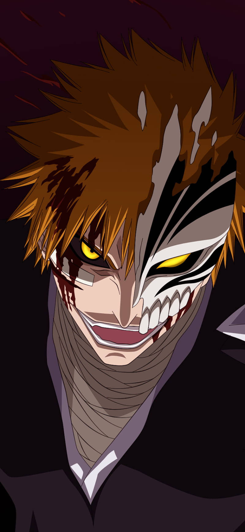 Bleach iPhone 桌布 壁紙 — 一個兇猛的動漫角色，擁有尖刺的棕色頭髮，半邊臉被白色骷髏面具遮蓋，並有發光的黃色眼睛。