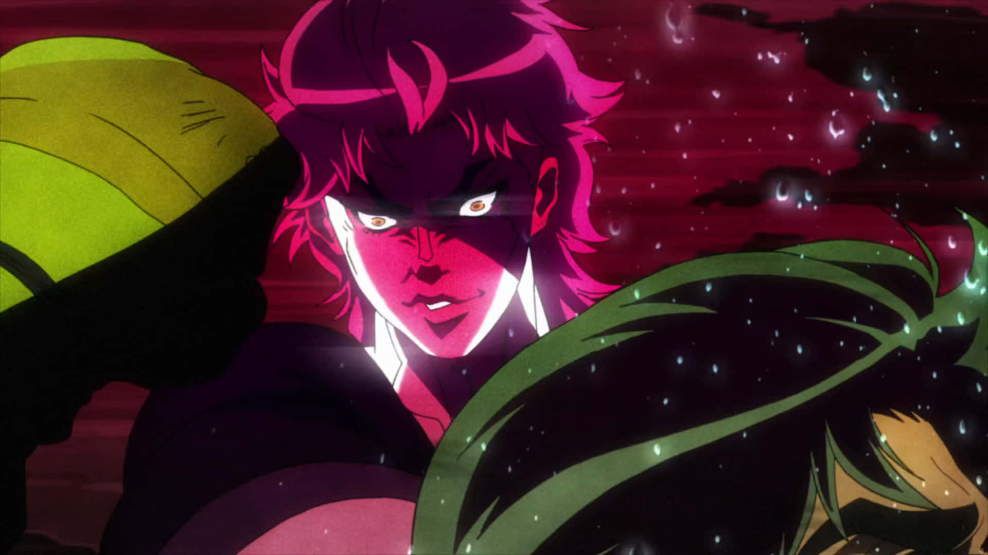 Phantom Blood 桌布 壁紙 — 一個兇猛的動漫角色，擁有尖刺的粉紅色頭髮和發光的眼睛，在宇宙紅黑背景下強烈凝視。