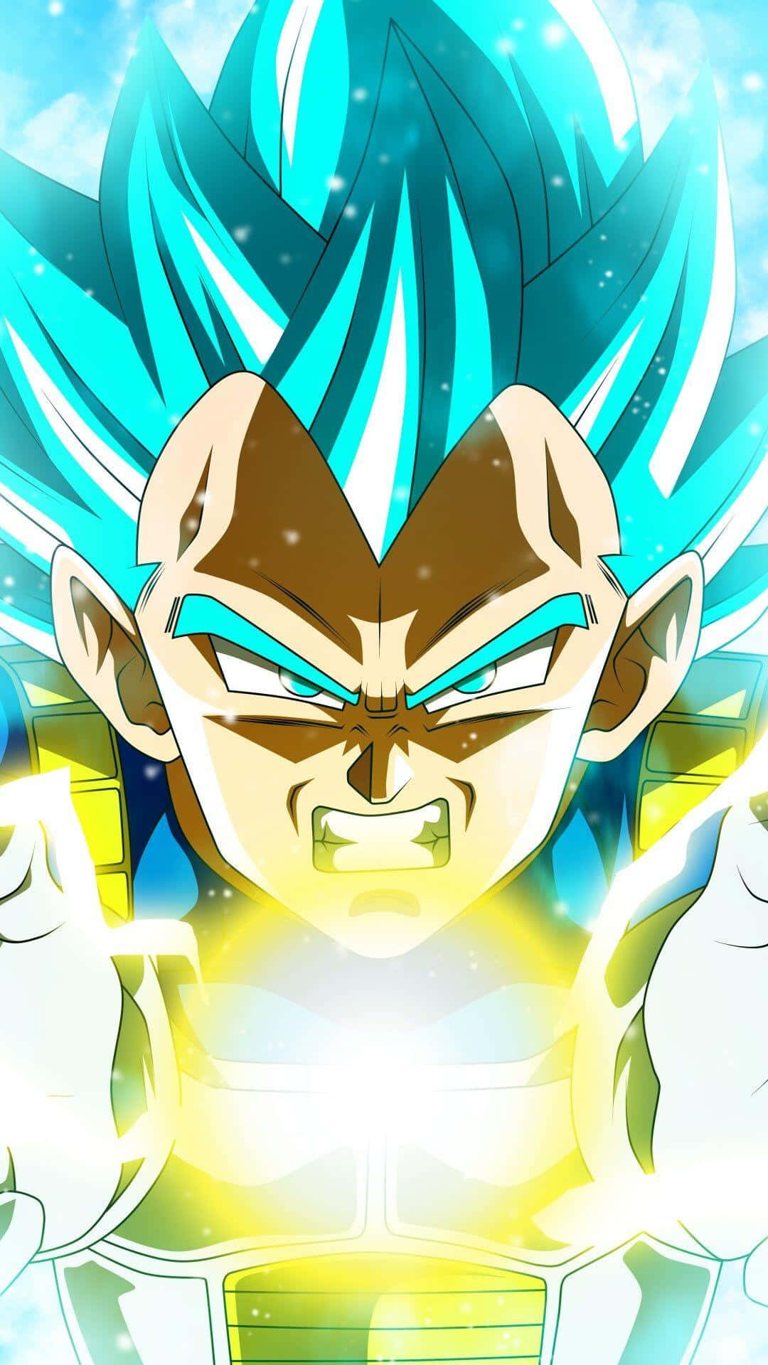 Vegeta's Final Flash 桌布 壁紙 — 一個兇猛的動漫角色，擁有尖刺的藍色頭髮和發光的黃色光環，在明亮的宇宙背景下強烈地凝視著。