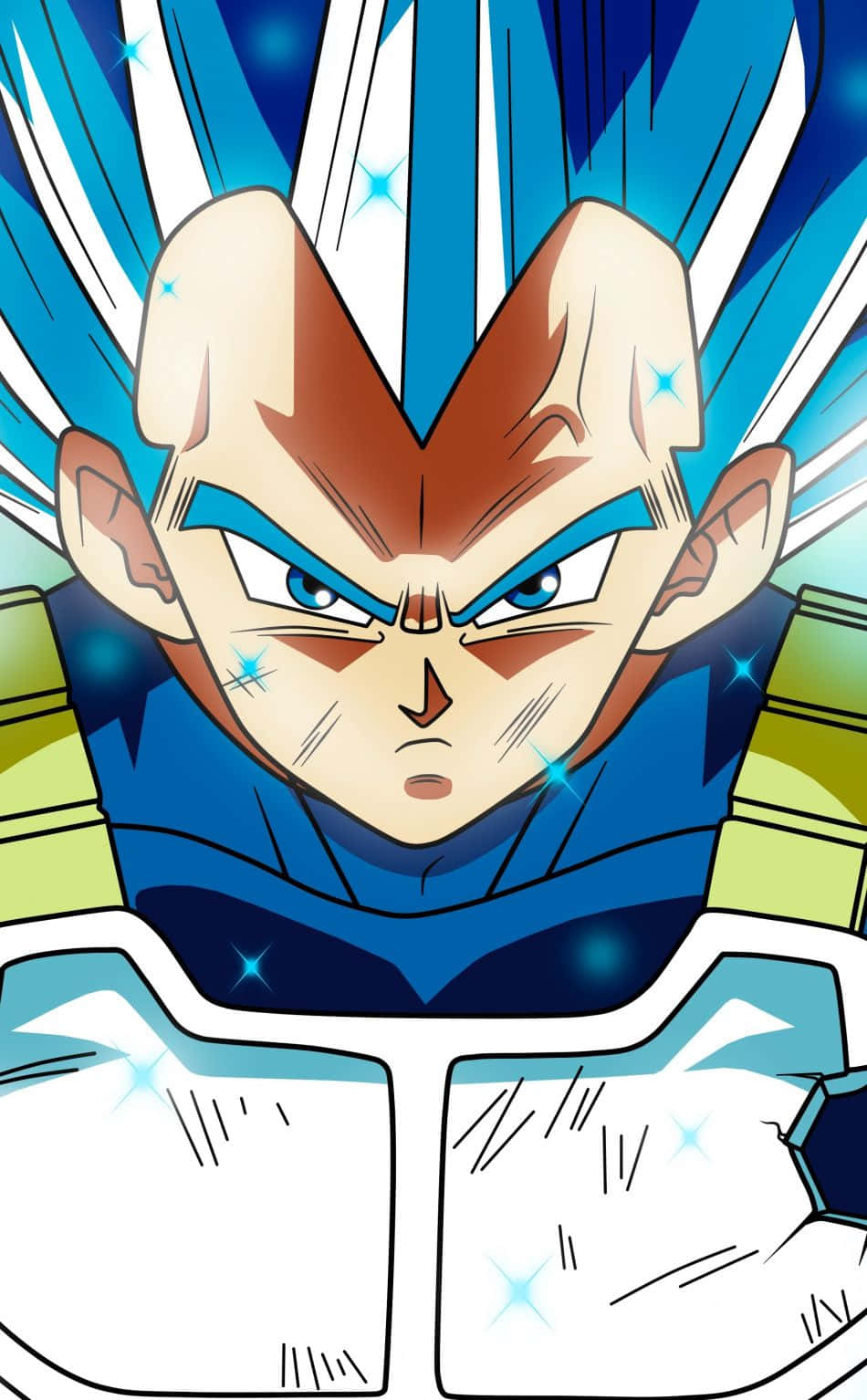 Vegeta Super Saiyan 桌布 壁紙 — 一個兇猛的動漫角色，擁有尖刺的藍色頭髮和發光的眼睛，在動態的藍白背景下強烈凝視。