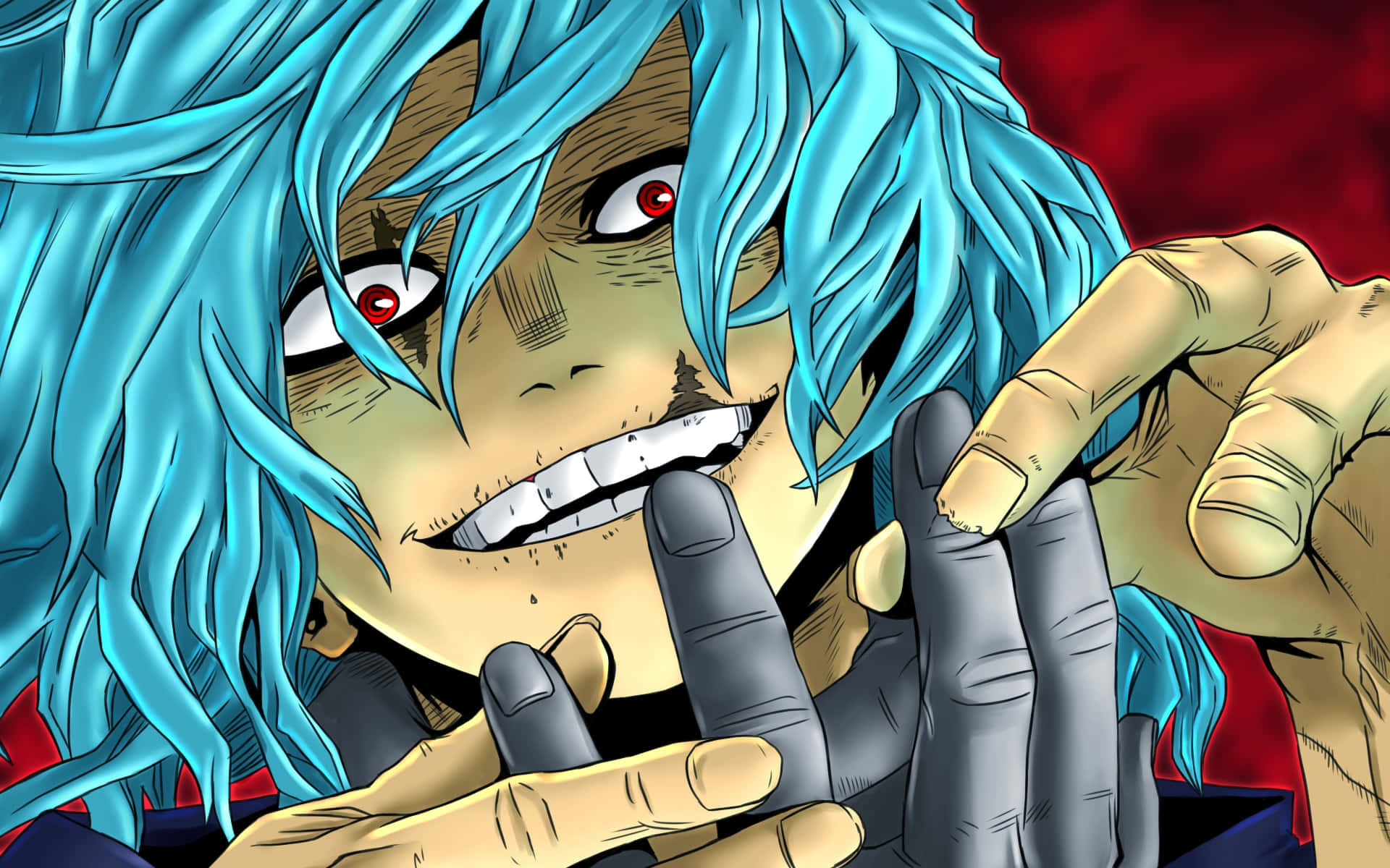 Tomura Shigaraki 桌布 壁紙 — 一個兇猛的動漫角色，擁有尖刺的藍色頭髮和紅色眼睛，以強烈的表情緊握著一個黑暗物體。