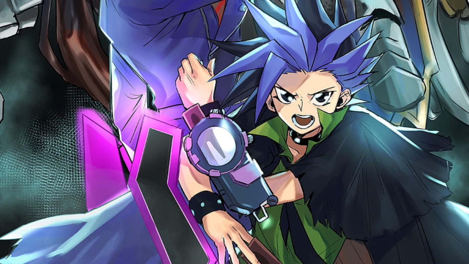 Yu-gi-oh Yuto 桌布 壁紙 — 一個兇猛的動漫角色，擁有尖刺的藍色頭髮，在激烈的戰鬥姿態中揮舞著發光的紫色決鬥盤。