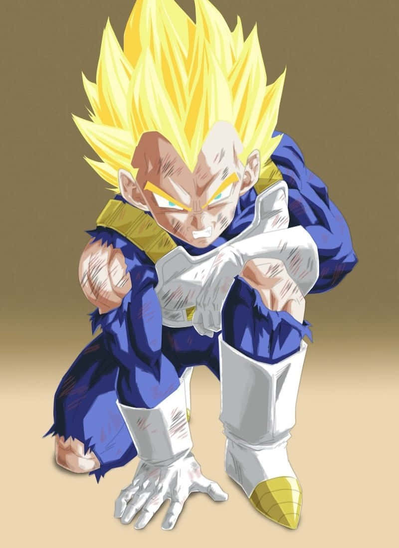 Vegeta Super Saiyan 桌布 壁紙 — 一個兇猛的動漫角色，擁有尖刺的黃色頭髮和發光的眼睛，在純色背景前以戰鬥姿勢蹲伏。