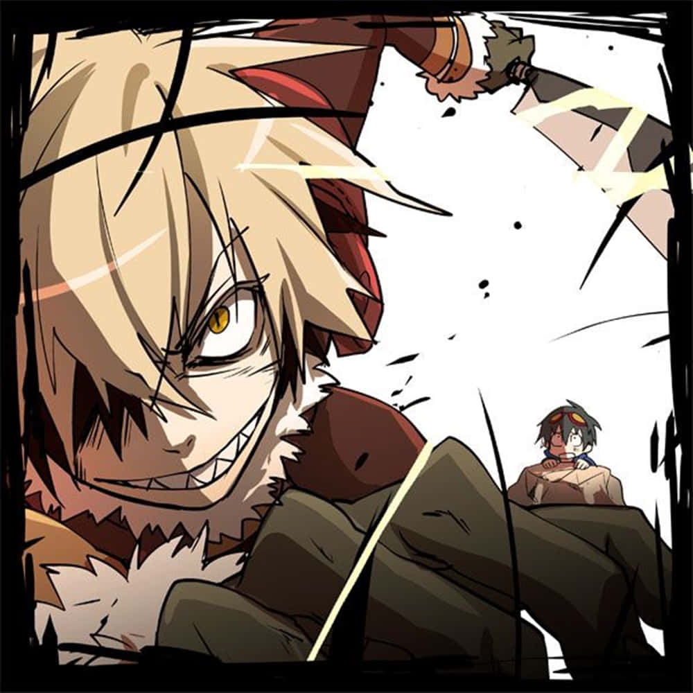 Gurren Lagann Viral 桌布 壁紙 — 一個兇猛的動漫角色，擁有尖刺金髮和發光的眼睛，以動態動作姿勢向前猛衝。