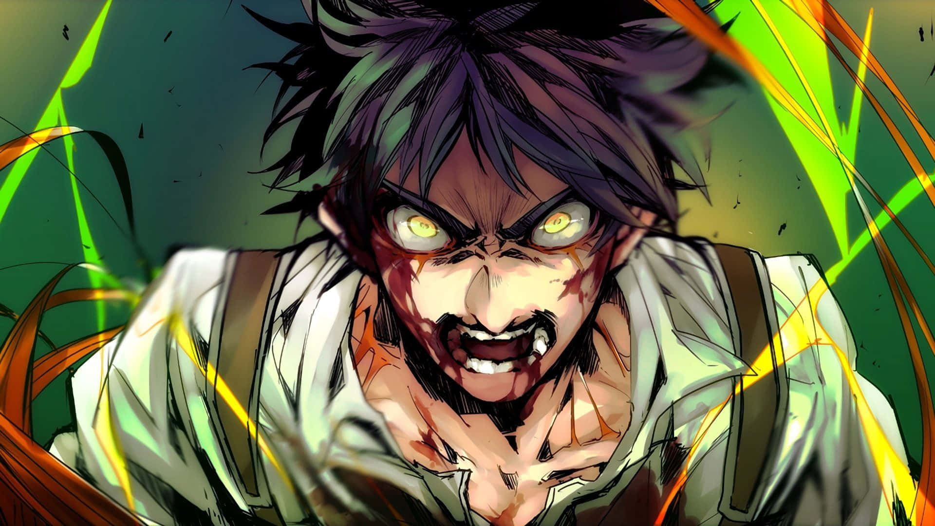 Attack On Titan Season 1 桌布 壁紙 — 一個兇猛的動漫角色，擁有發光的黃色眼睛和血跡斑斑的臉，在充滿活力的綠色和橙色能量爆發背景中咆哮。