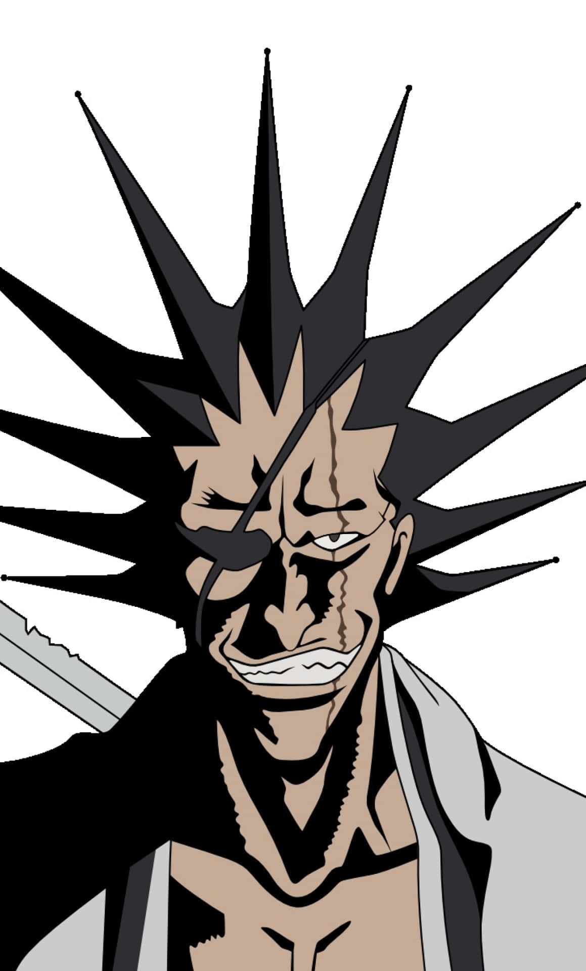 Kenpachi Zaraki 桌布 壁紙 — 一個兇猛的動漫角色，有著刺蝟般的黑髮和傷痕累累的臉，在純白背景前揮舞著劍。