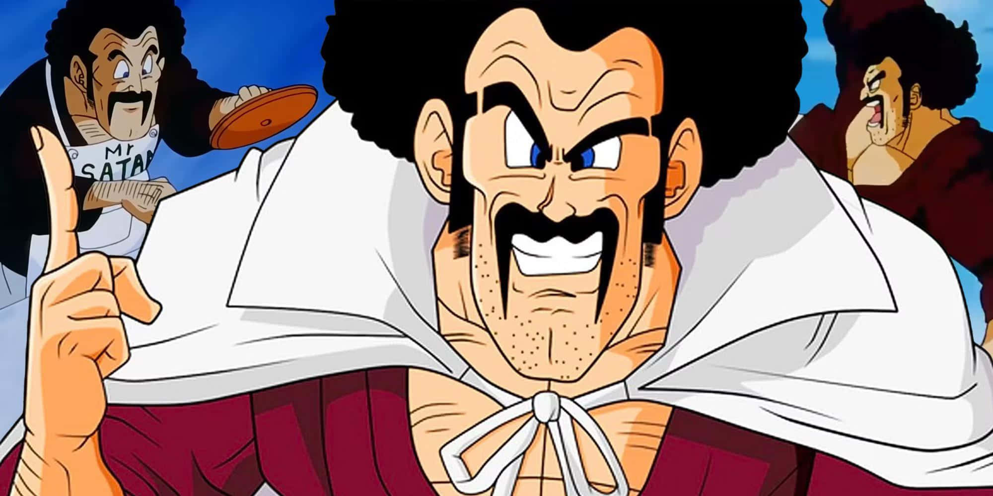 Hercule Satan 桌布 壁紙 — 一個兇猛的動漫角色，有著大爆炸頭和白色披風，以堅定的表情指向前方。