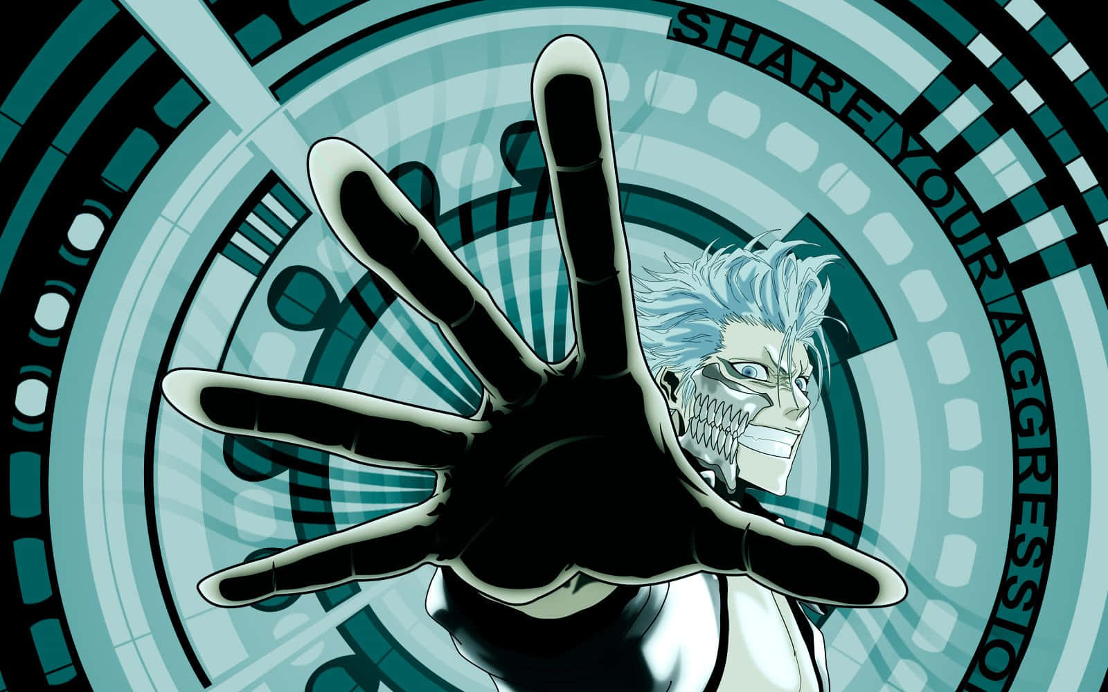 Grimmjow Jaegerjaquez 桌布 壁紙 — 一個兇猛的動漫角色，有著尖刺的白髮和骷髏般的笑容，在帶有「SHARE YOUR AGGRESSION」文字的青色圓形背景前伸出一隻巨大的黑手。