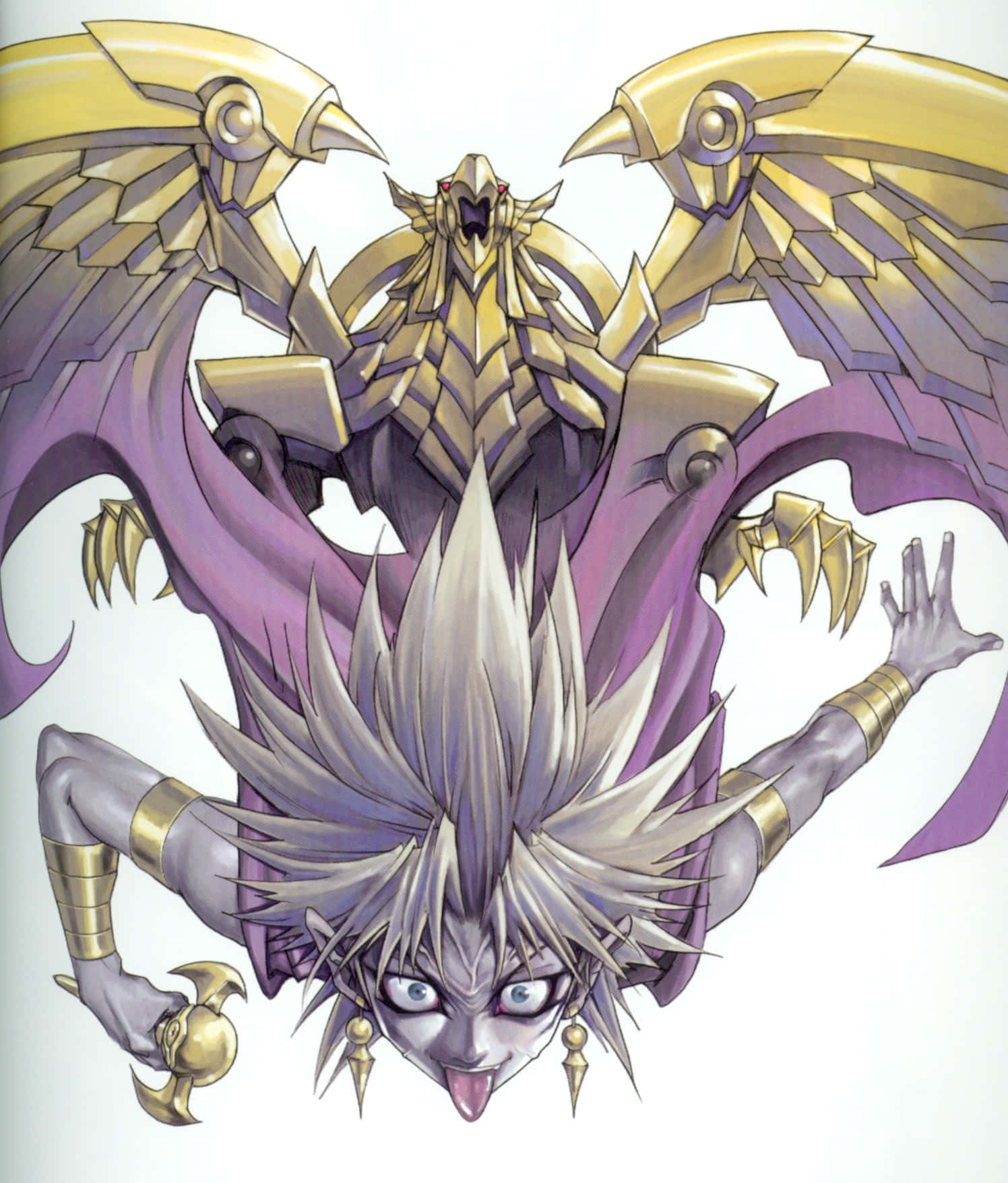 Marik Ishtar 桌布 壁紙 — 一個兇猛的動漫角色，有著尖刺的白髮和金色翅膀，從紫色斗篷中浮現，背景是純白色。