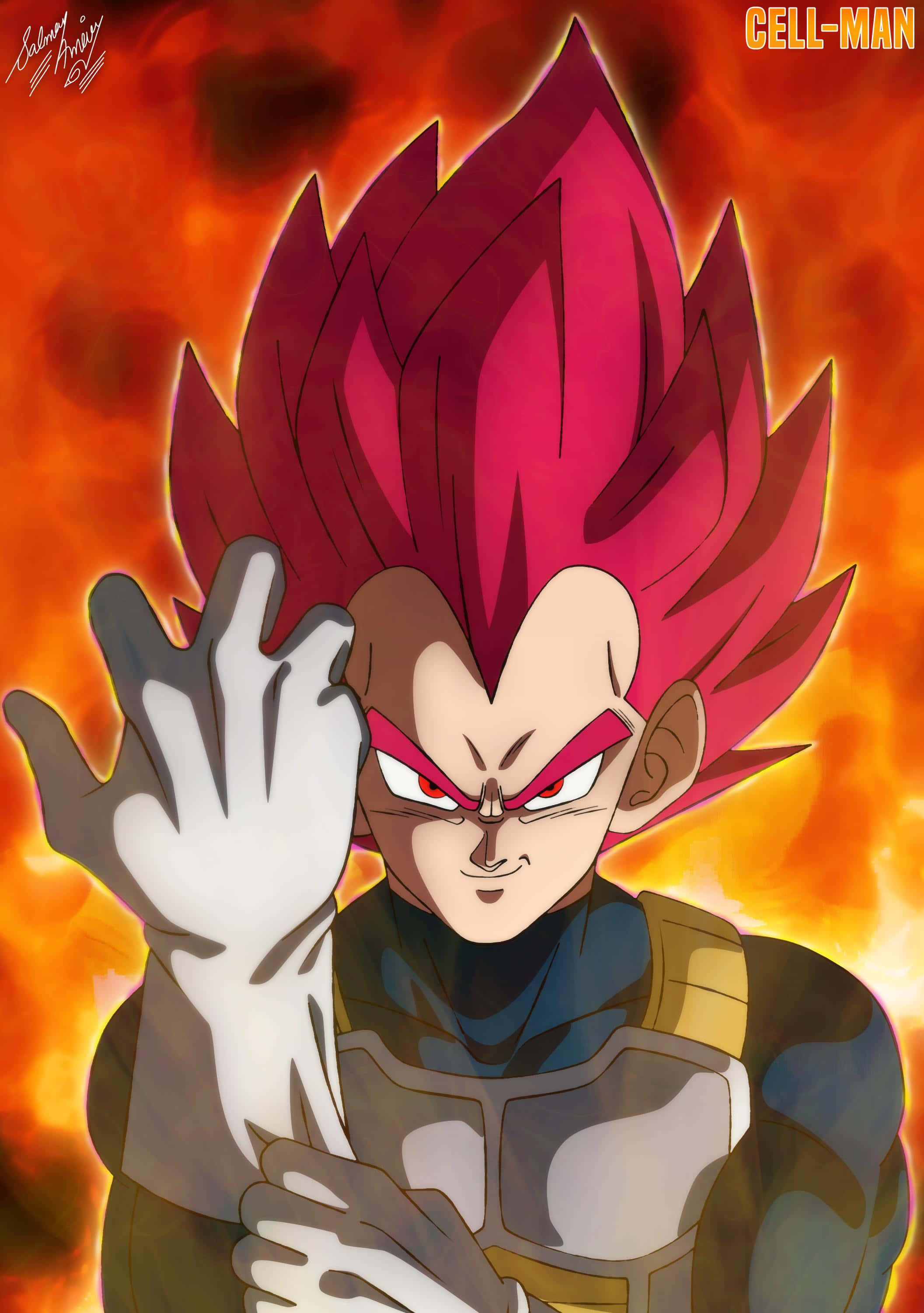 Vegeta Super Saiyan God 桌布 壁紙 — 一個兇猛的動漫角色，有著尖刺的紅髮和發光的眼睛，站在火熱的橙色背景前，舉起手擺出強有力的姿勢。