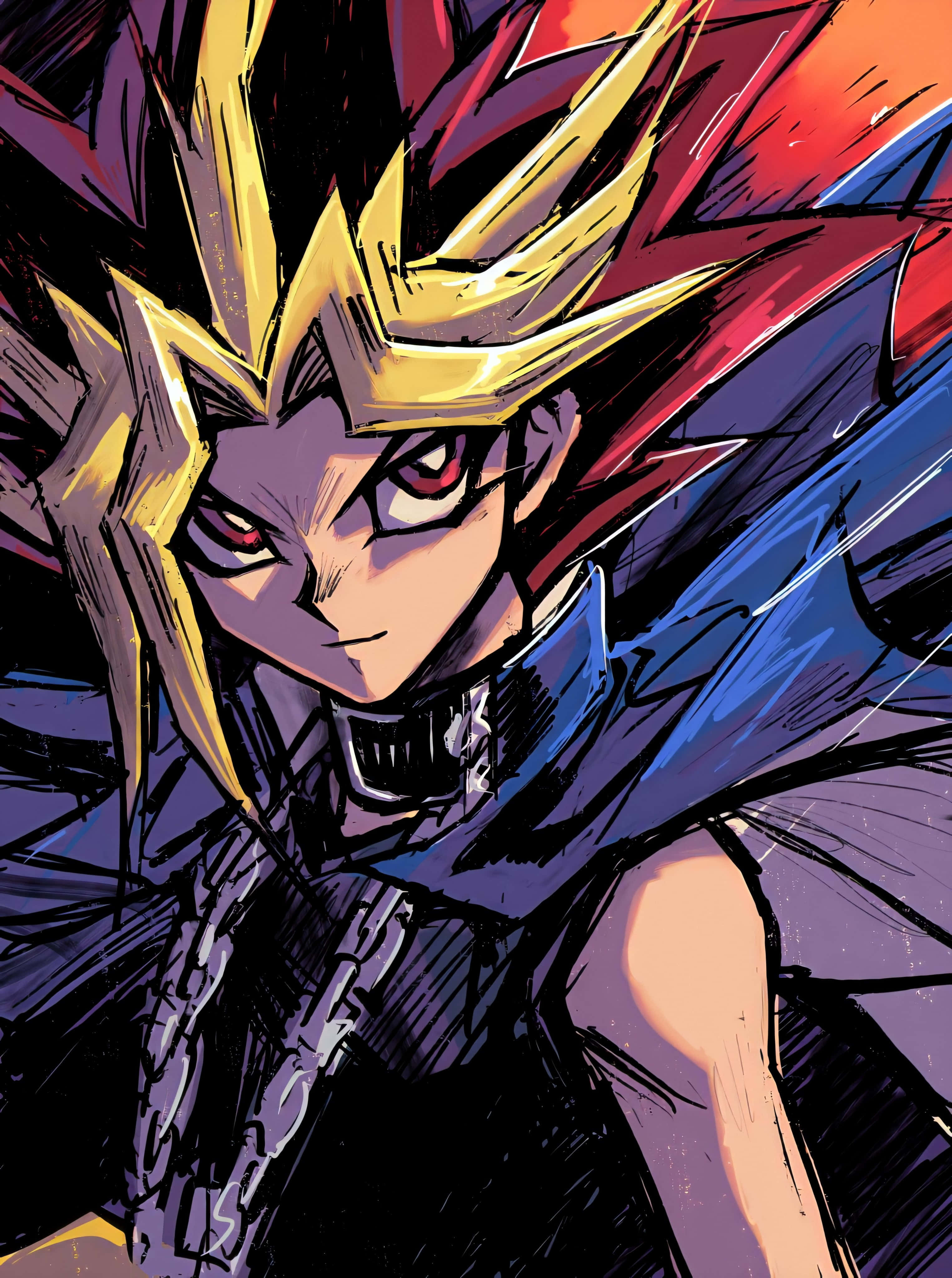 Yugi Muto 桌布 壁紙 — 一個兇猛的動漫角色，有著尖刺的金色和紅色頭髮以及發光的紅色眼睛，強烈地凝視著前方。