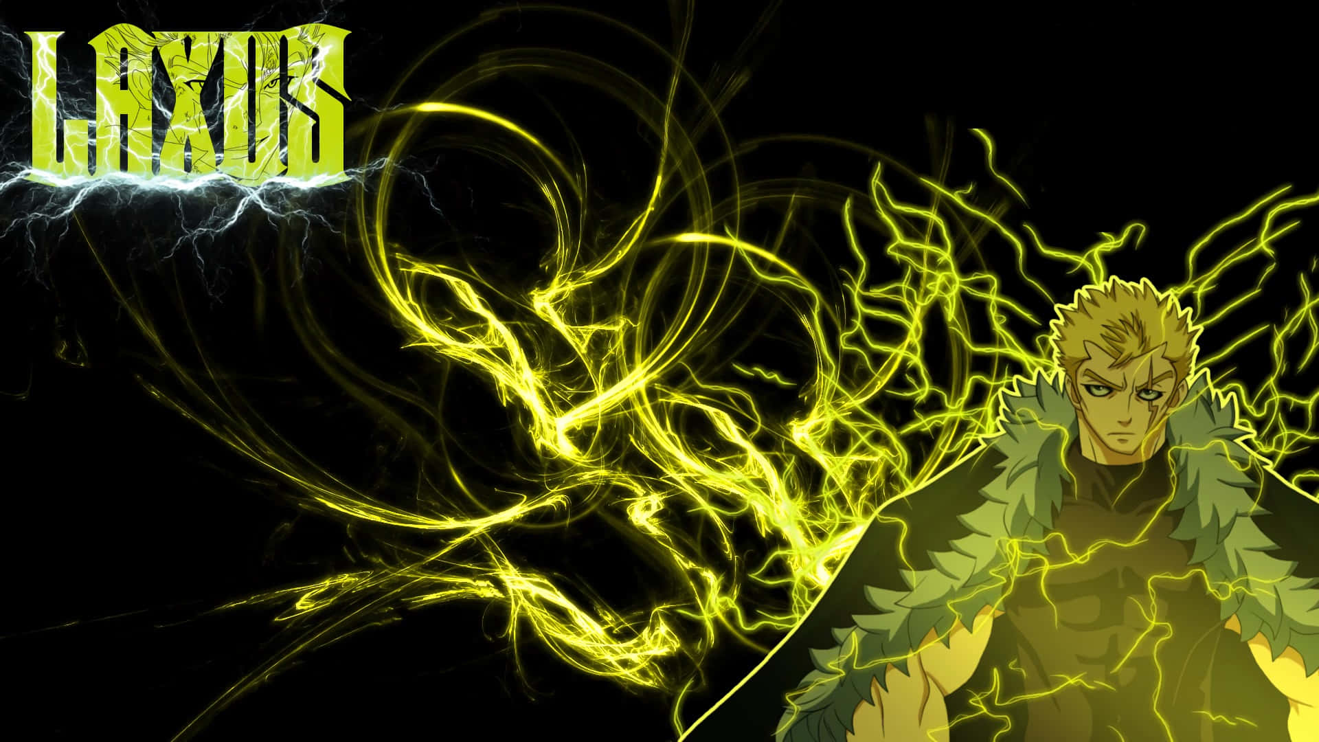 Laxus Dreyar 桌布 壁紙 — 一個兇猛的動漫角色，有著尖刺的金色頭髮和發光的綠色能量在他周圍劈啪作響，背景是黑色，並有閃電中的LAXUS字樣。