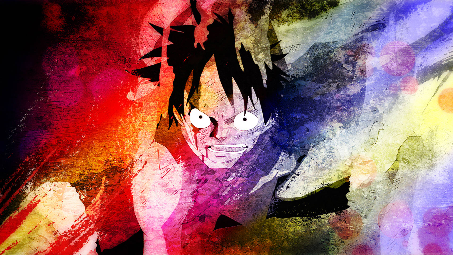 Luffy Aesthetic 桌布 壁紙 — 一個兇猛的動漫角色，有著尖刺的黑髮和大眼睛，從充滿活力的紅、紫、黃色抽象水彩背景中浮現。
