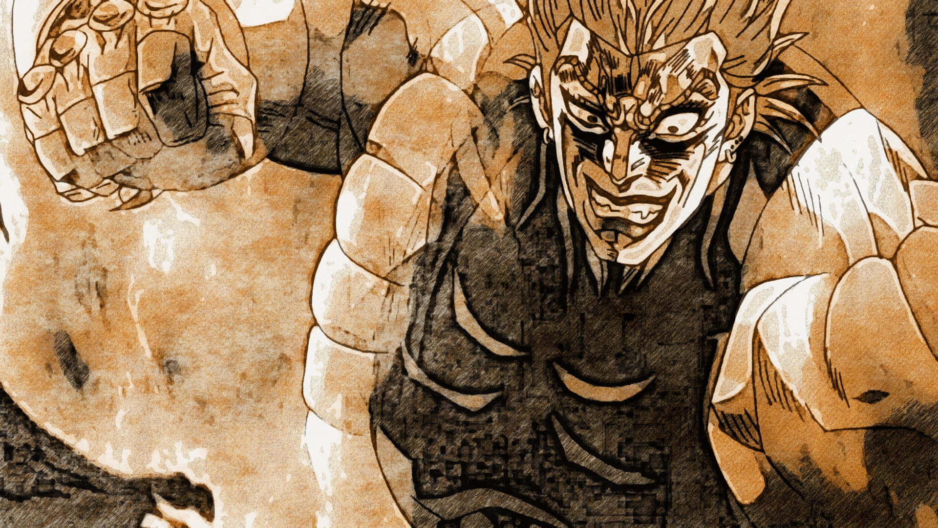 Dio Brando 桌布 壁紙 — 一個兇猛的動漫角色，有著尖刺頭髮和緊握的拳頭，在棕褐色調的插圖中向前咆哮。
