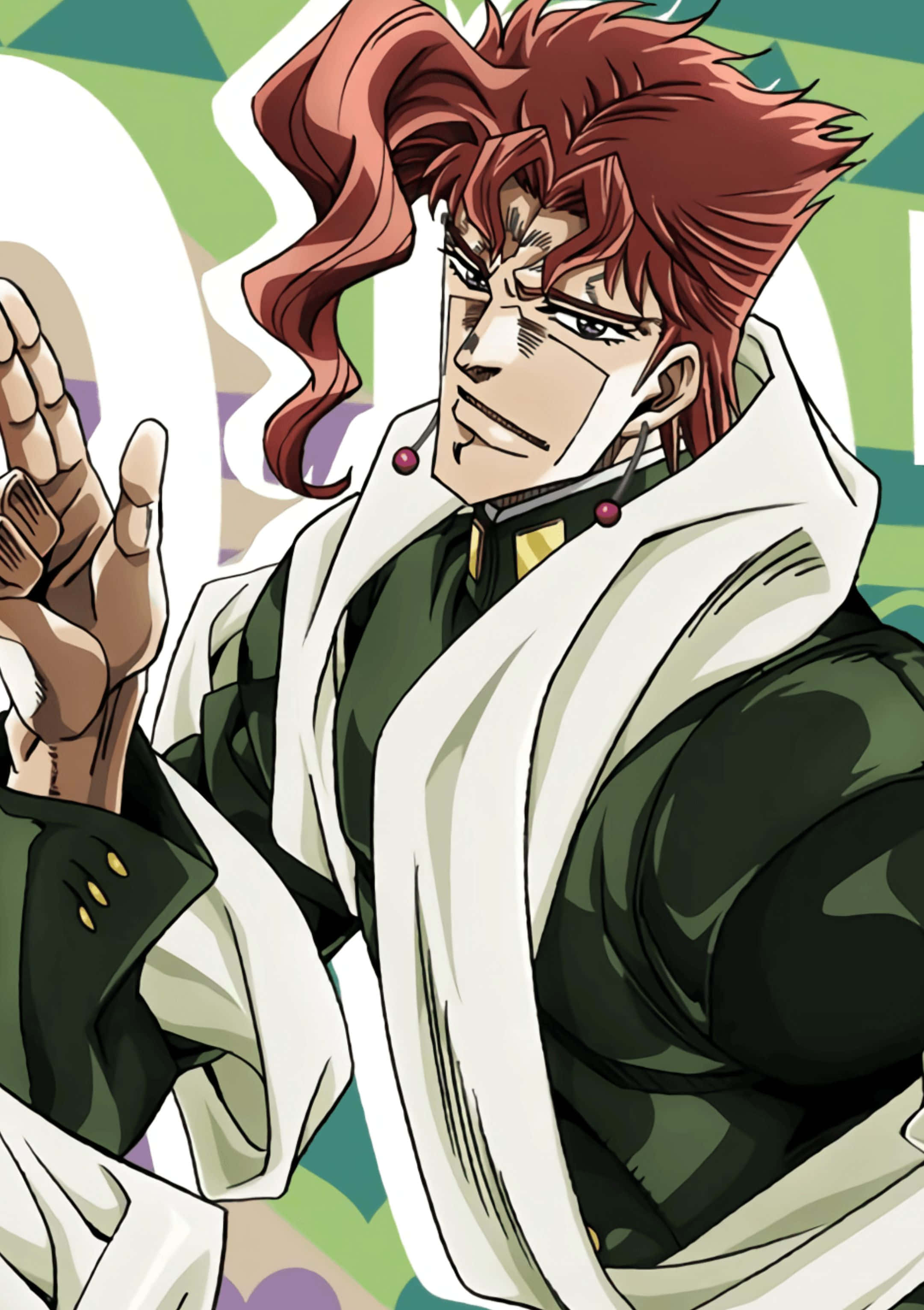 Noriaki Kakyoin 桌布 壁紙 — 一個兇猛的動漫角色，有著狂野的紅髮和白色圍巾，在色彩繽紛的抽象背景前舉起手。