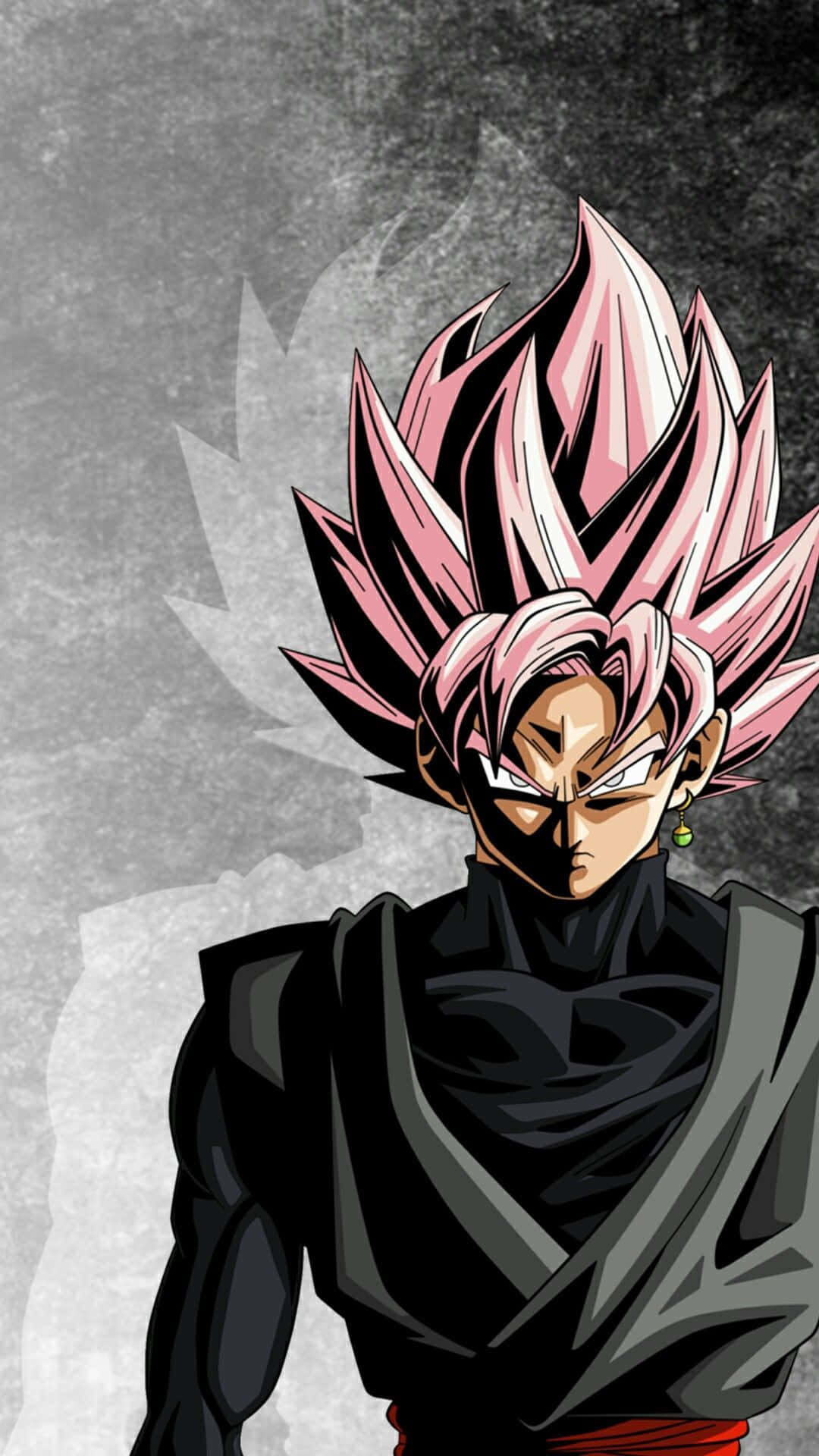 Dragon Ball Z Characters 桌布 壁紙 — 一個兇猛的動漫角色，有著粉紅和黑色的尖刺頭髮和發光的眼睛，在灰色紋理背景上強烈凝視。
