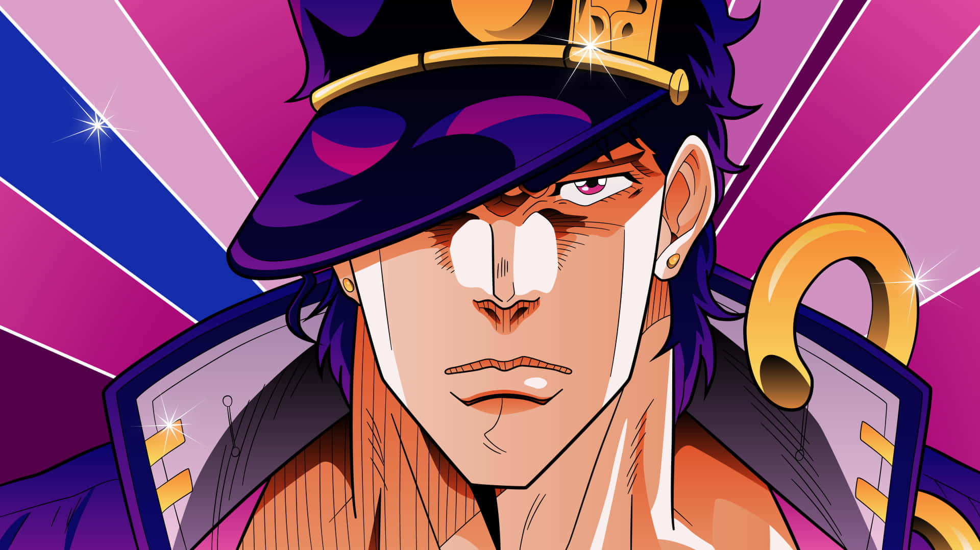 Jotaro Kujo 桌布 壁紙 — 一個兇猛的動漫角色，紫色頭髮，戴著金色邊飾的帽子，在充滿活力的粉紅色和藍色條紋背景下凝視著。