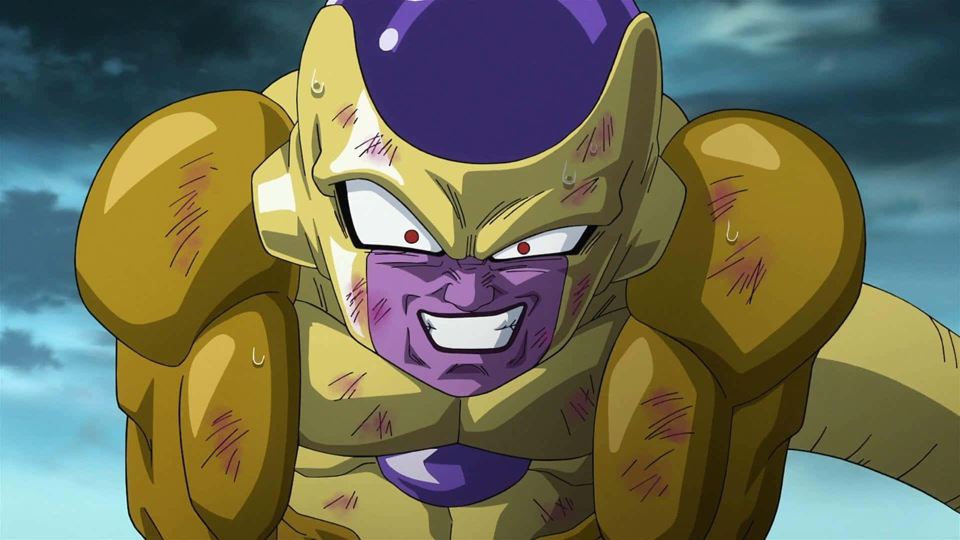 Golden Frieza 桌布 壁紙 — 一個兇猛的動漫角色，金色皮膚和紫色面孔，對著暴風雨的天空咆哮。