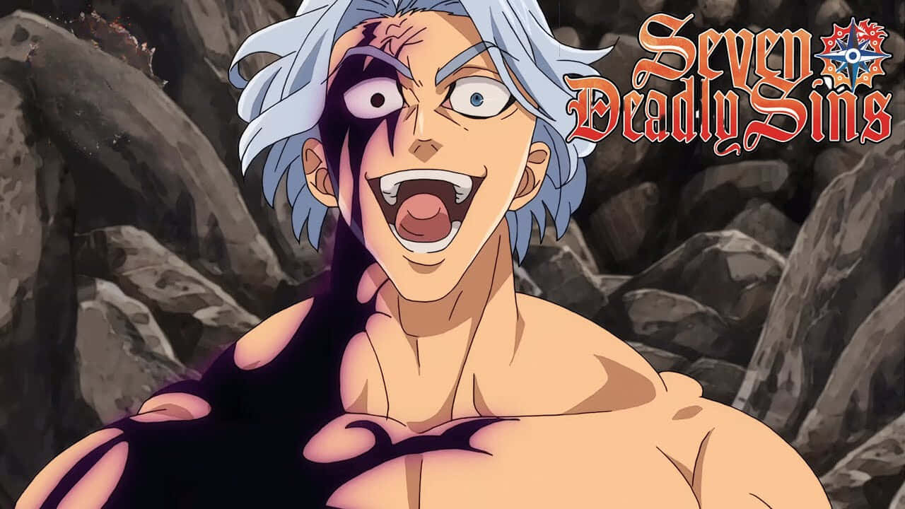 Seven Deadly Sins Hendrickson 桌布 壁紙 — 一個兇猛的動漫角色，銀色頭髮和黑色眼睛標記，在岩石背景前咆哮，帶有七宗罪標誌。
