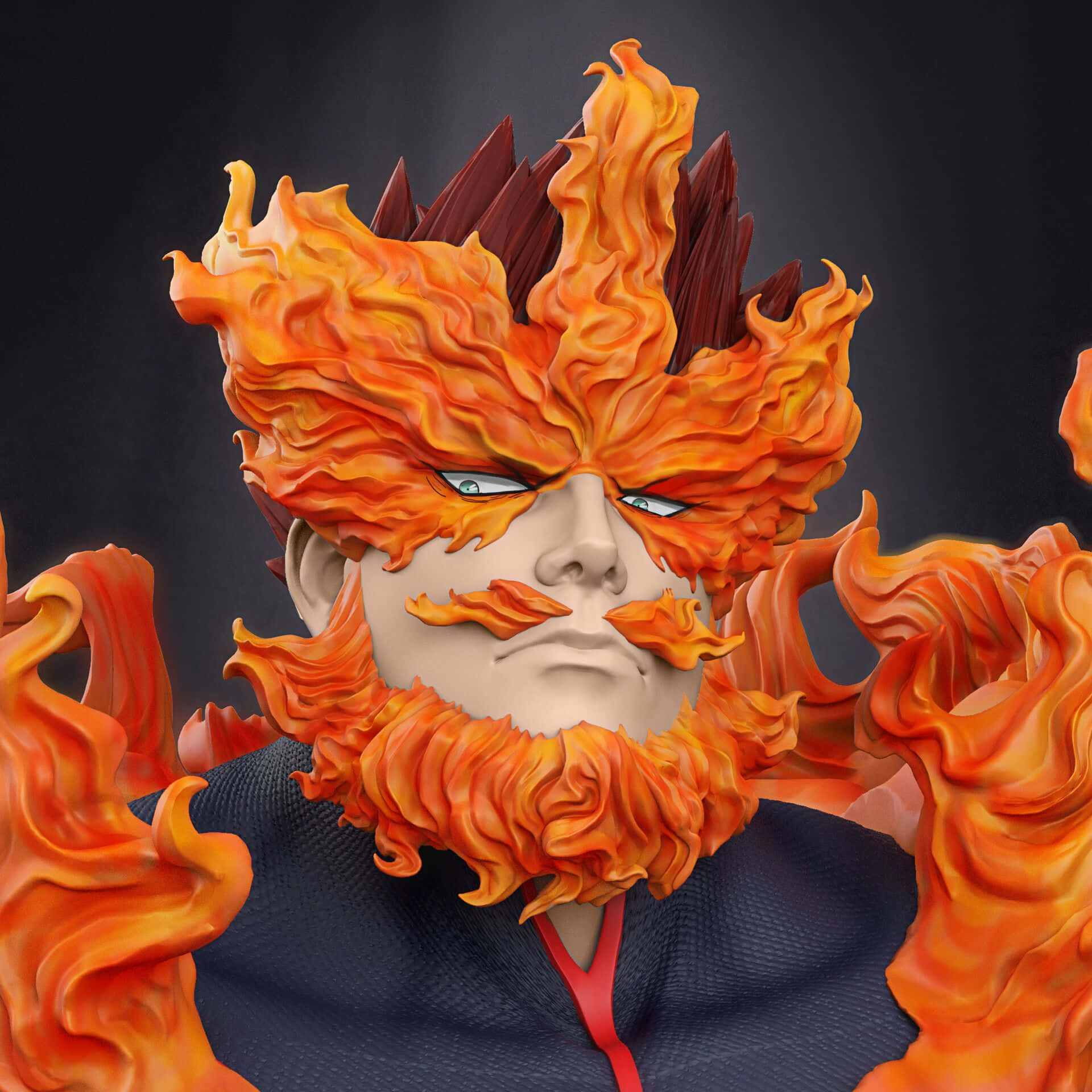 endeavor 桌布 壁紙 — 一個兇猛的動漫角色，頭部和鬍鬚噴出熾熱的橙色火焰，背景為深色。