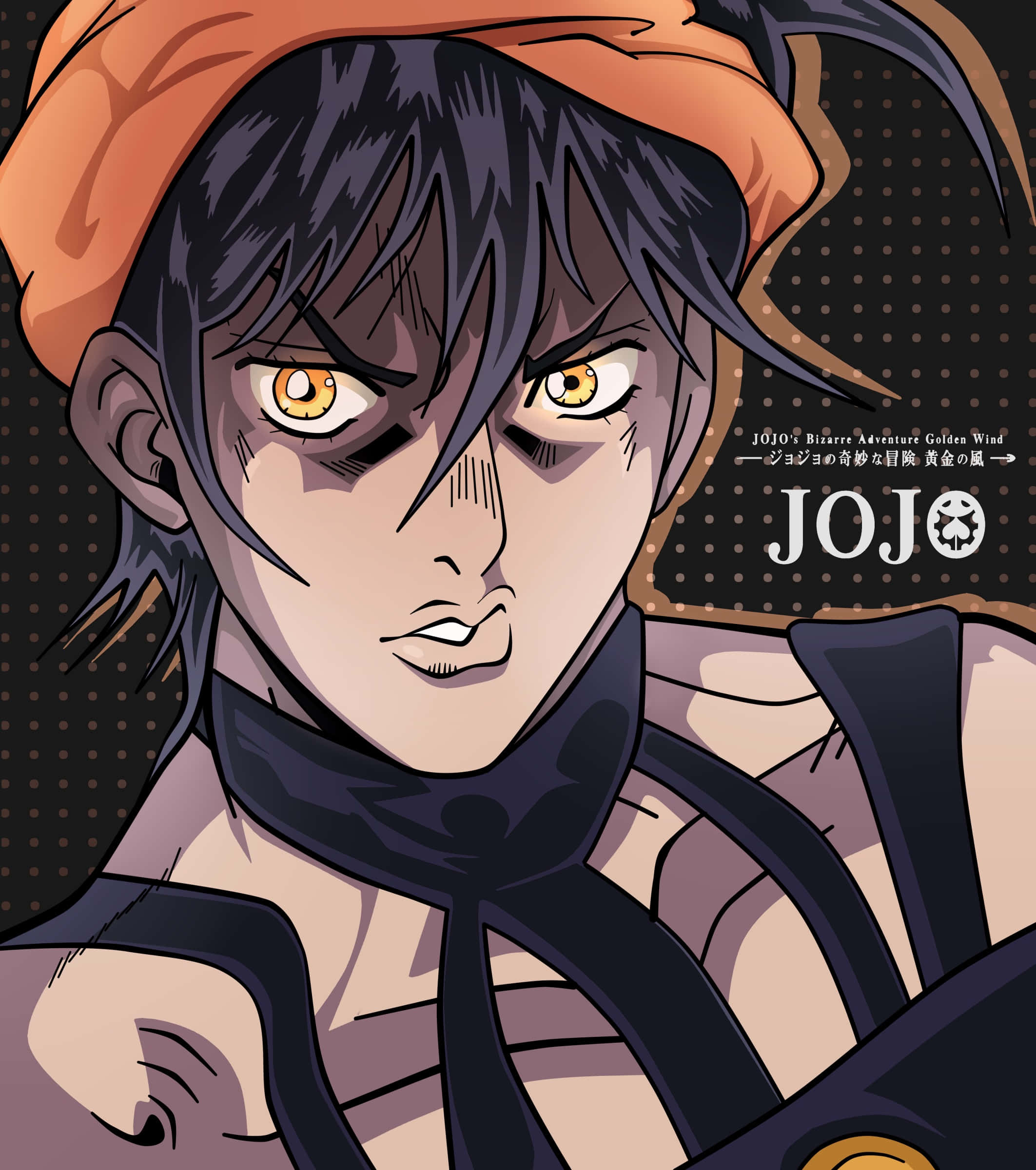 Narancia Ghirga 桌布 壁紙 — 一個兇猛的動漫角色，黑髮橙眼，戴著橙色頭巾和黑色圍巾，凝視著。