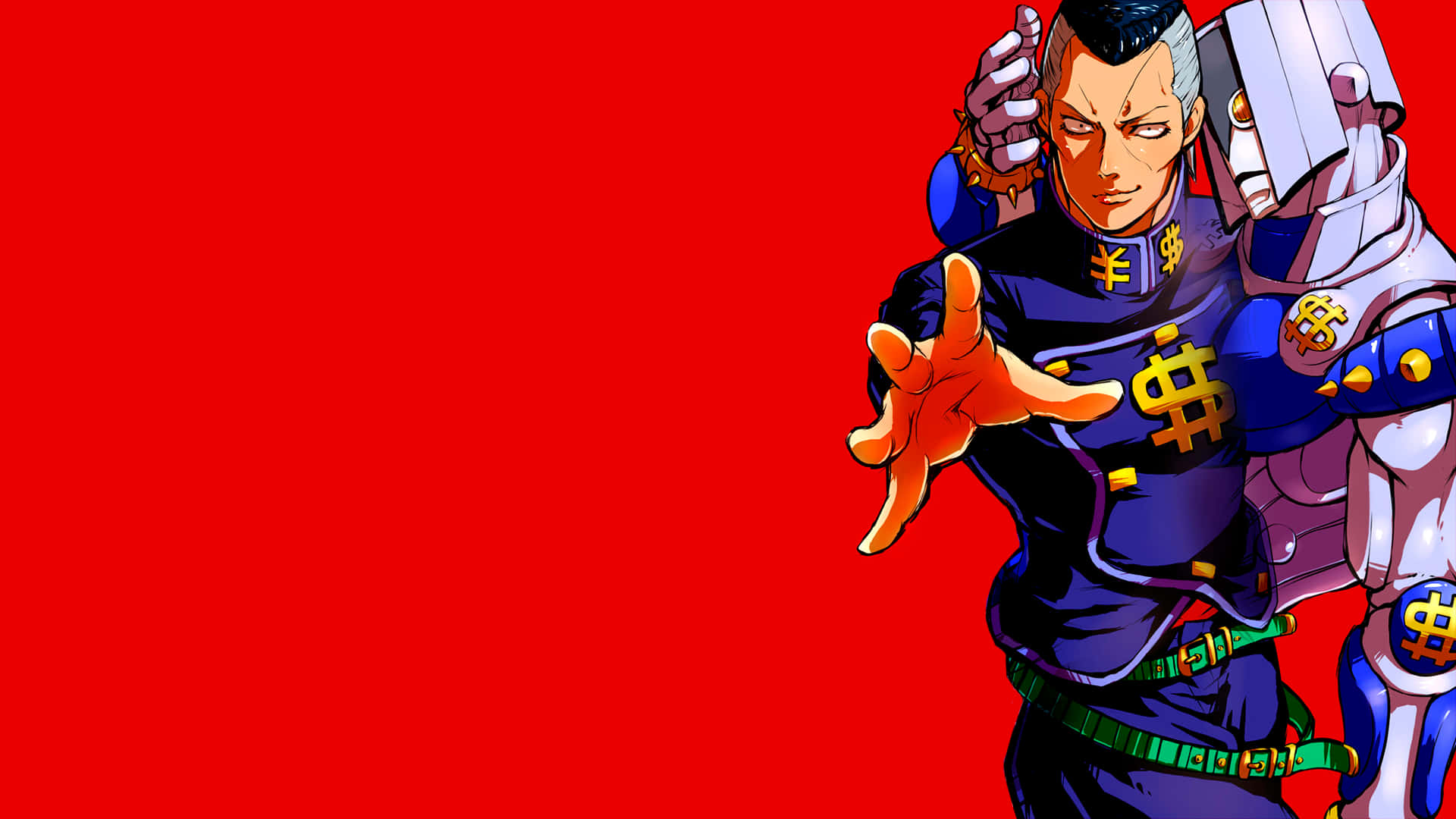 Okuyasu Nijimura 桌布 壁紙 — 一個兇猛的動漫角色身穿帶有金色符號的藍色服裝，站在純紅色背景前，手向前伸出。