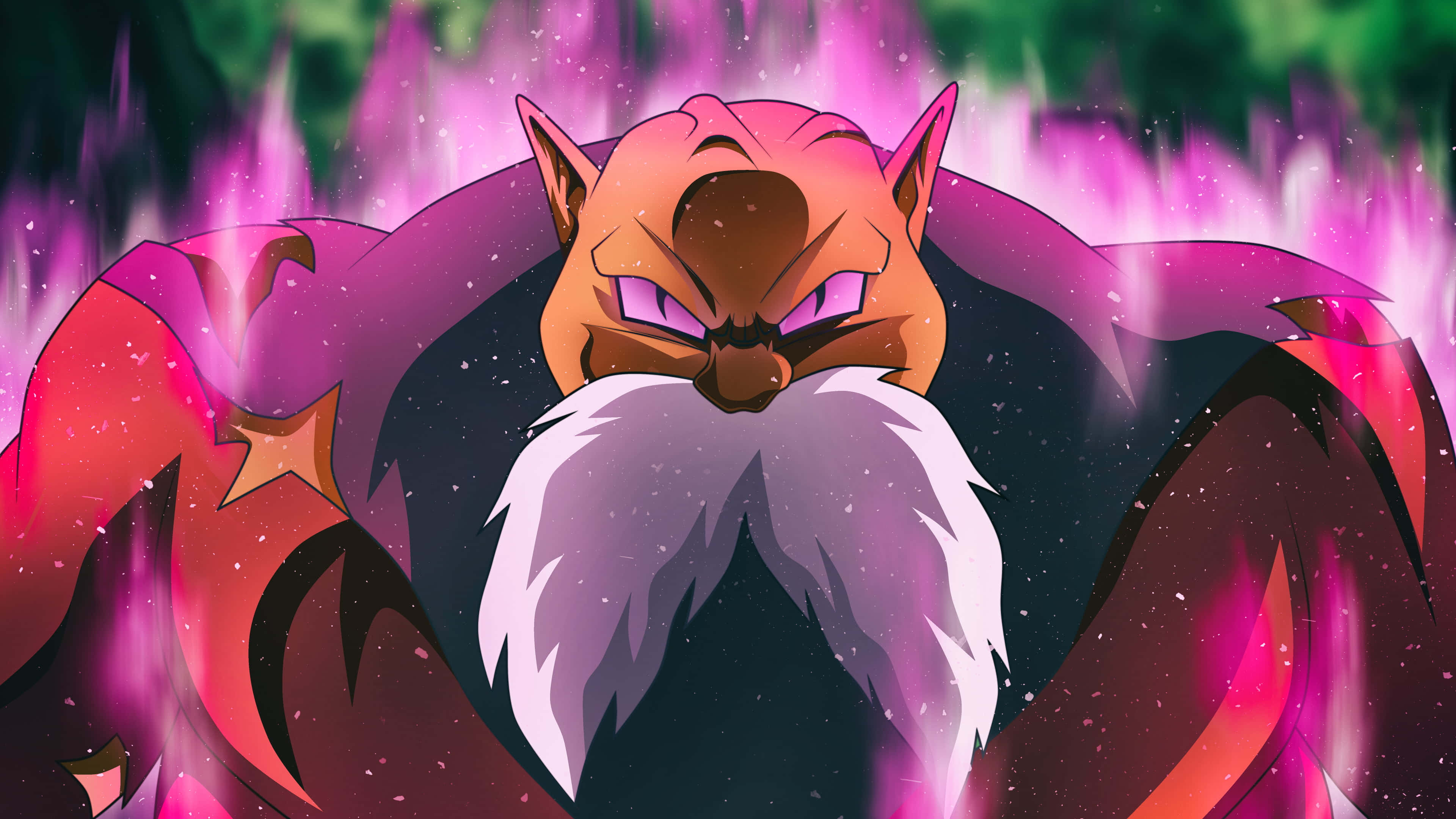 Dragon Ball Z Characters 桌布 壁紙 — 一個兇猛的動漫貓戰士，有著白色鬍鬚和發光的紫色眼睛，在宇宙紫色和綠色背景前散發能量。