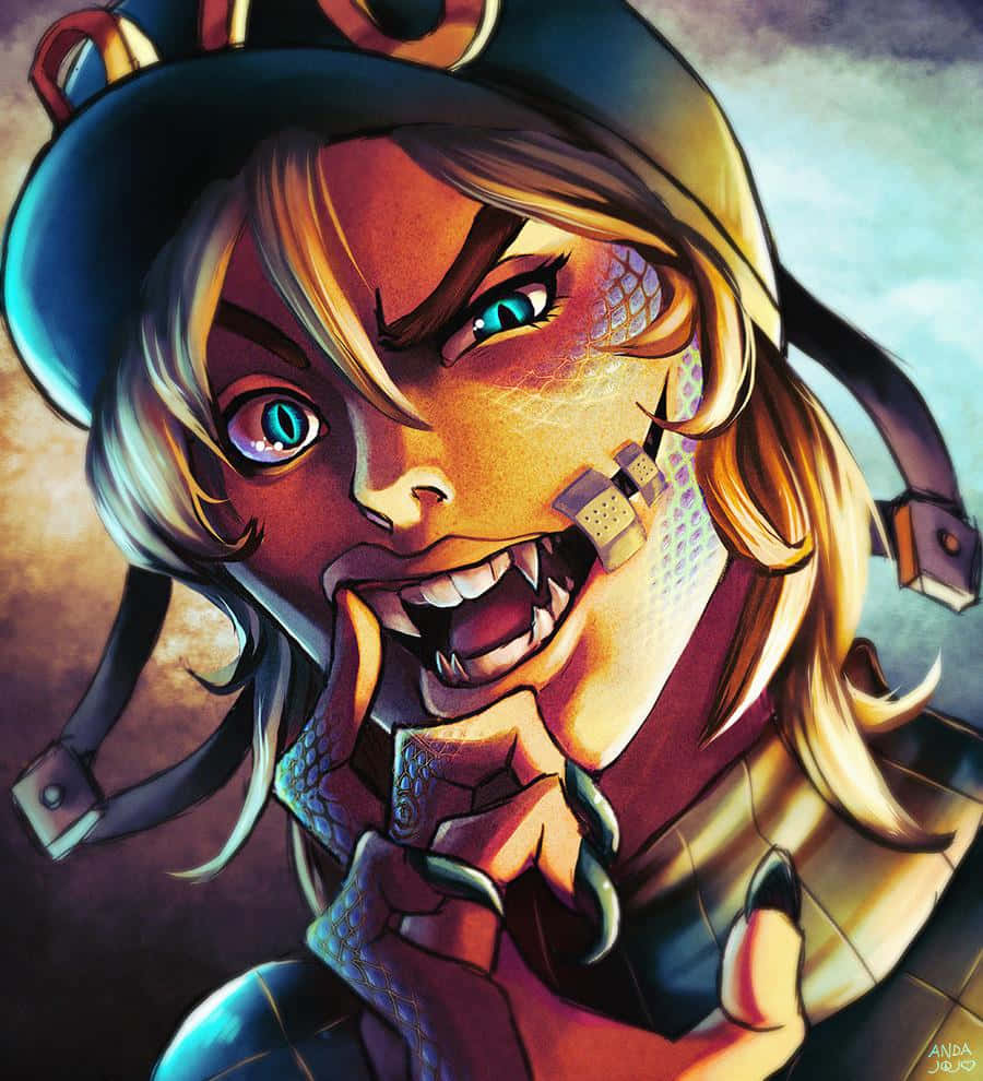 Diego Brando 桌布 壁紙 — 一個兇猛的動漫風格戰士，藍色眼睛和魚鱗皮膚，手持武器咧嘴而笑。