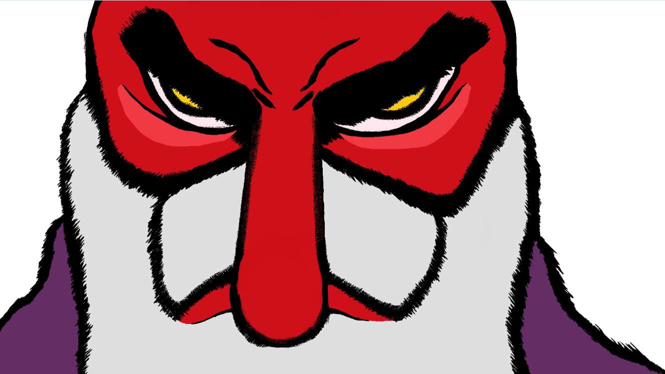 Tengu 桌布 壁紙 — 一個兇猛的動漫風格角色，紅臉、黃眼睛、紫色肩膀，在白色背景上強烈凝視。