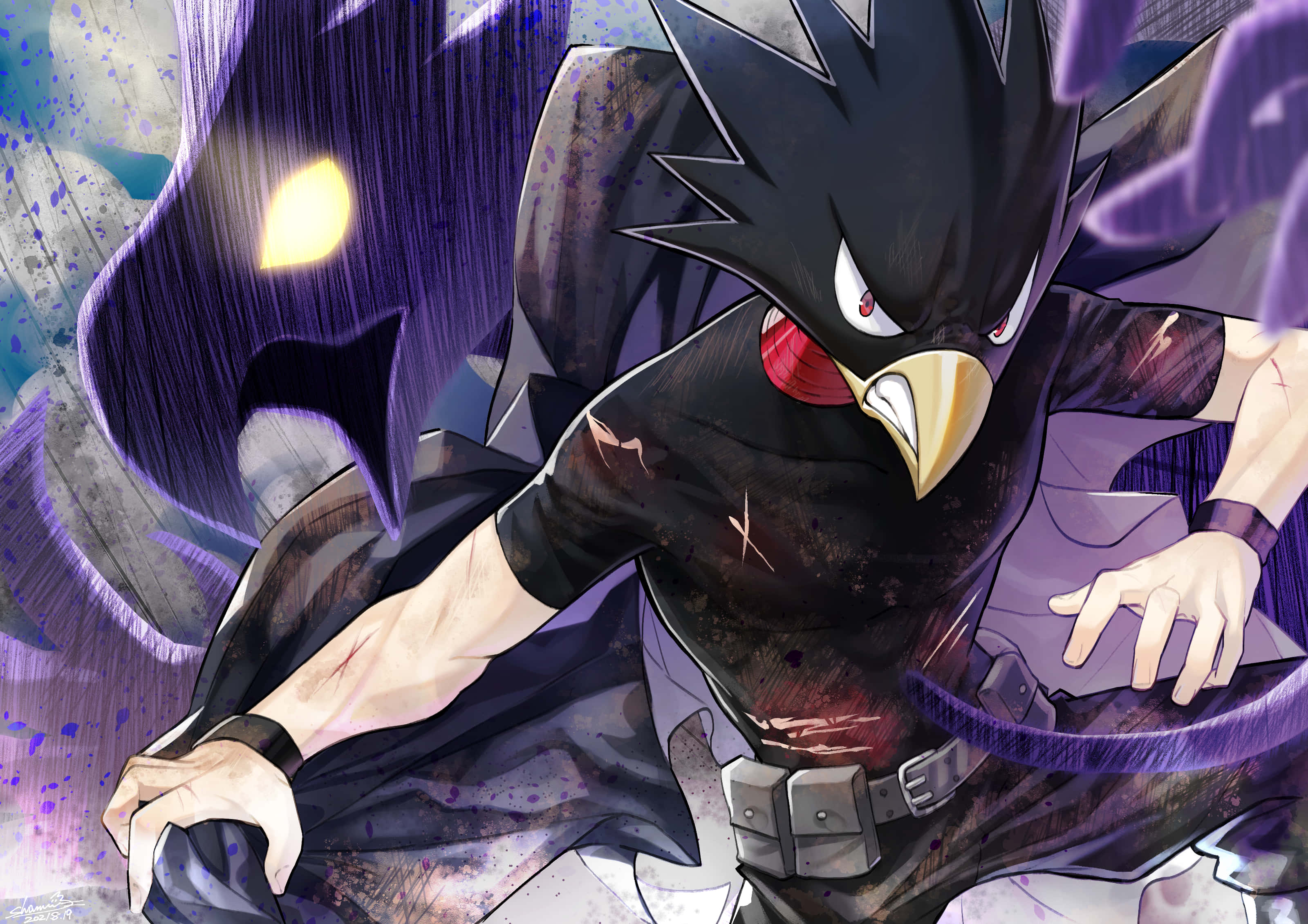 Fumikage Tokoyami 桌布 壁紙 — 一個兇猛的動漫鳥類角色，擁有黑色尖刺羽毛和發光的黃色眼睛，以動態戰鬥姿勢向前猛衝。