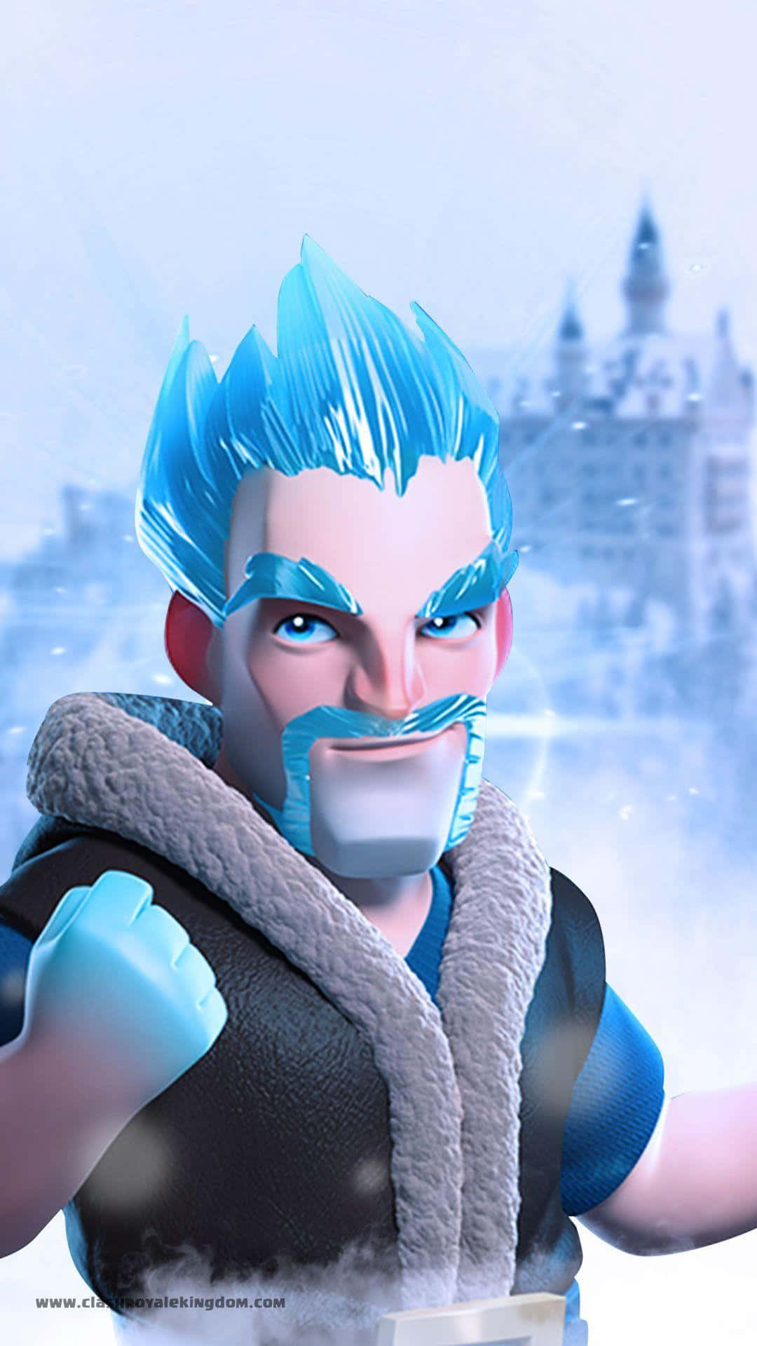 Clash Royale 桌布 壁紙 — 一個兇猛的動畫戰士，擁有冰藍色的頭髮和鬍鬚，站在雪景中，背景有一座城堡。