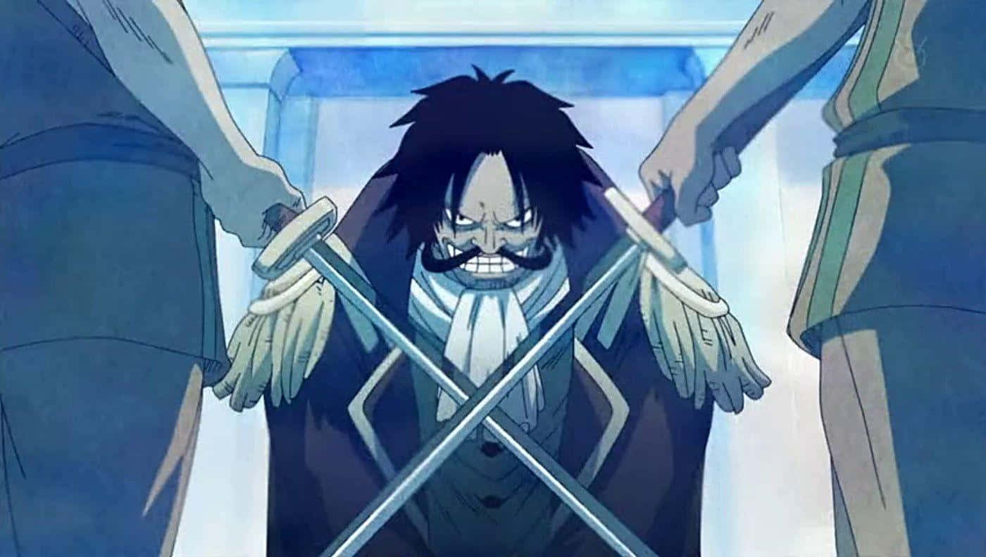 King Of The Pirates 桌布 壁紙 — 一個兇猛的動畫海盜，留著鬍子，圍著圍巾，被兩個揮劍的人物逼到角落，形成緊張的對峙。