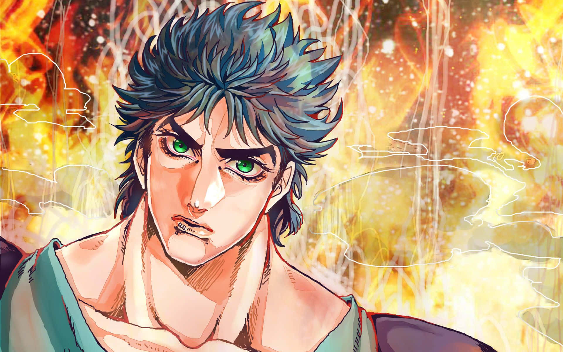 Phantom Blood 桌布 壁紙 — 一個兇猛的動畫男性，擁有尖刺的藍色頭髮和發光的綠色眼睛，在熾熱的金色背景下強烈凝視。