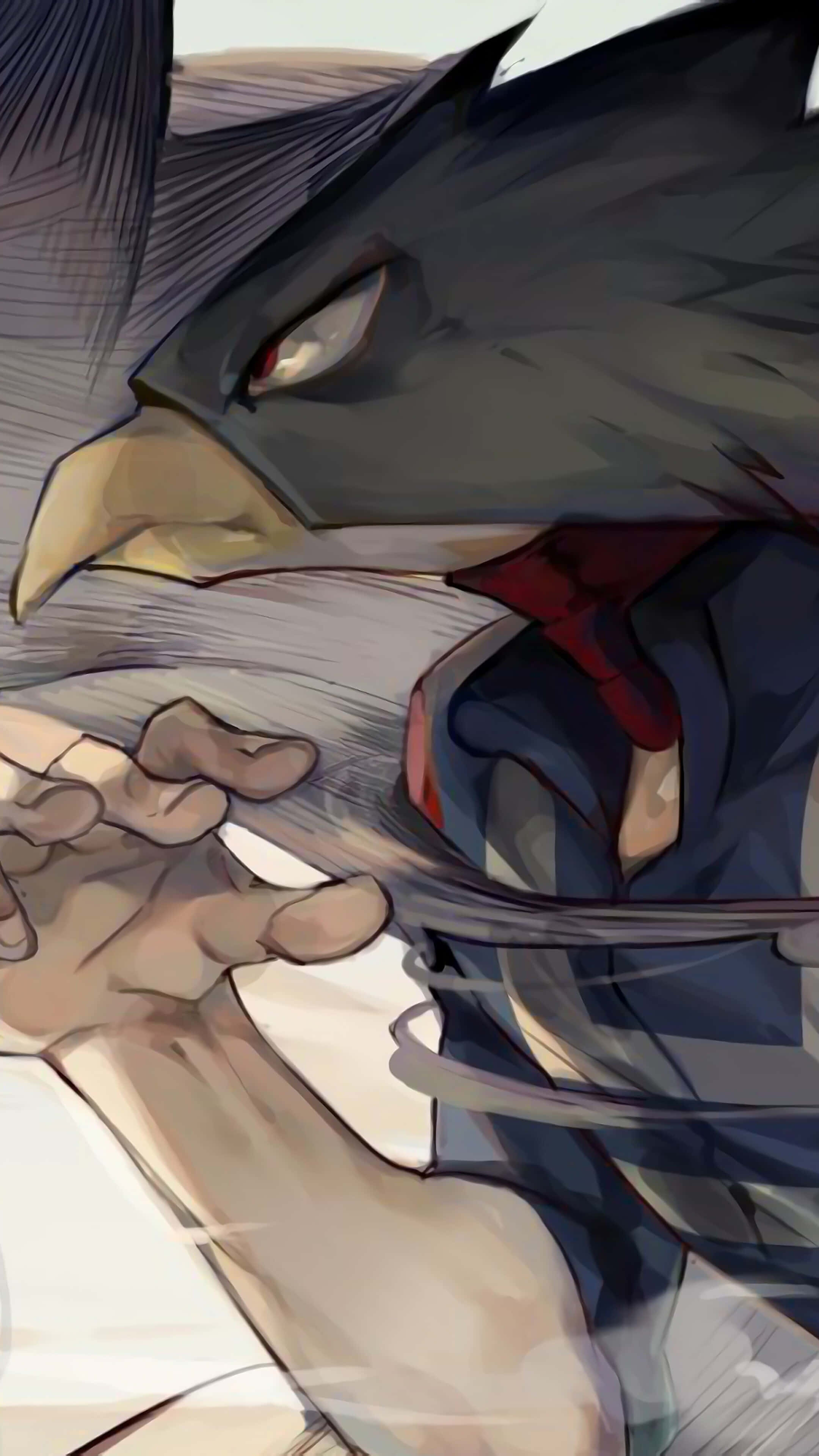 Fumikage Tokoyami 桌布 壁紙 — 一個兇猛的動畫鳥角色，擁有銳利的紅眼睛和深色羽毛，在緊張的特寫中緊抓著一塊白布。