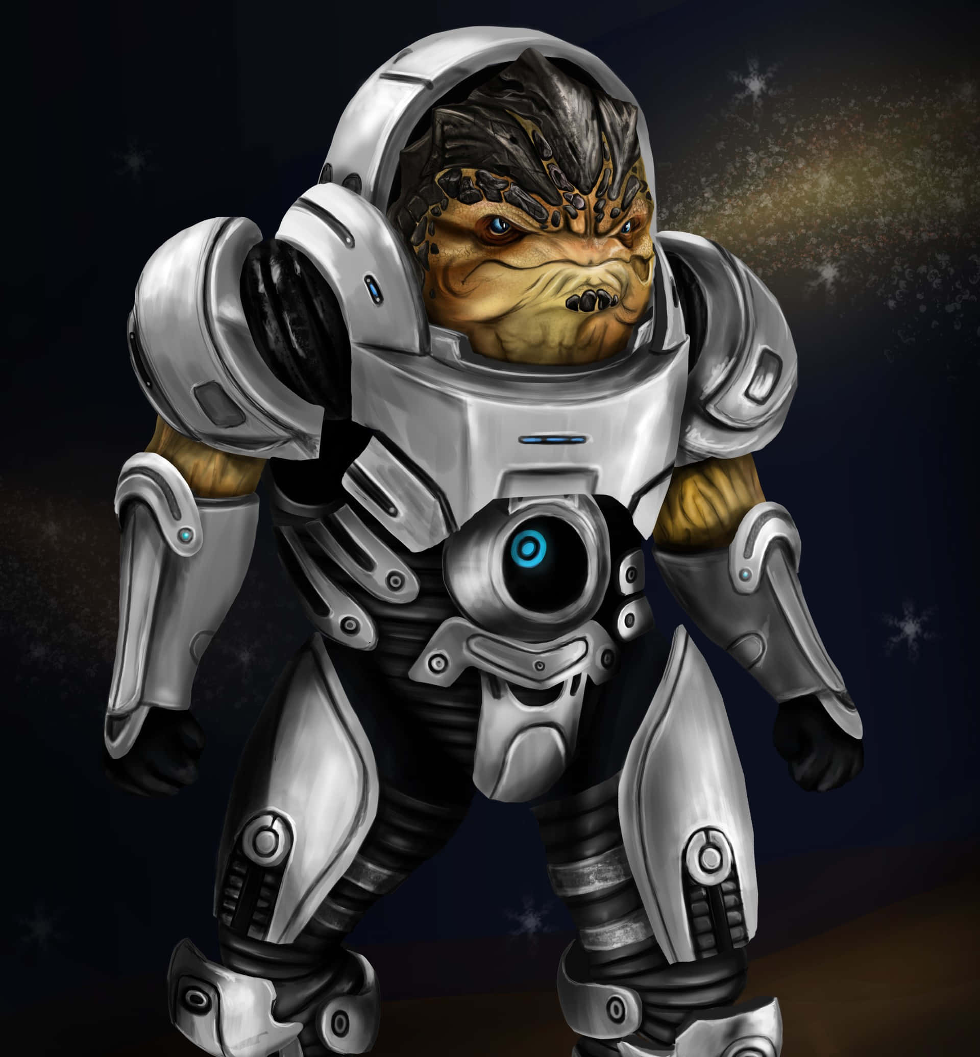 Mass Effect Grunt 桌布 壁紙 — 一個兇猛的外星戰士穿著精細的銀色盔甲，站在星光燦爛的宇宙背景前，帶有發光的藍色點綴。