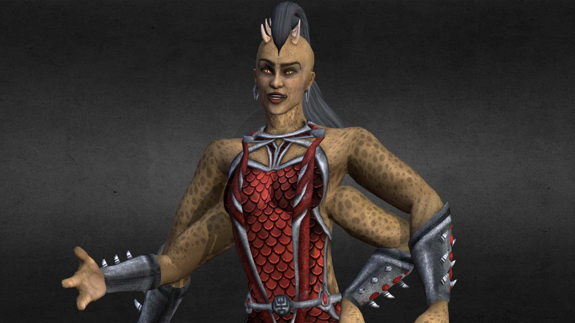 Mortal Kombat Sheeva 桌布 壁紙 — 一個兇猛的奇幻戰士，長有角及斑點皮膚，身穿紅色鱗甲，背景為深灰色。